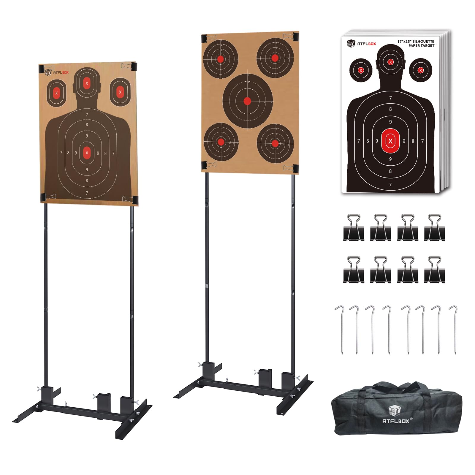Photo 1 of Atflbox Shooting Target Stand with 10pcs 17x25 Inch Paper Targets, Durable Paper Target Holder with Stable Adjustable Base for Cardboard Silhouette, H Shape, USPSA/IPSC, IDPA Practice (A -2 Pack)
