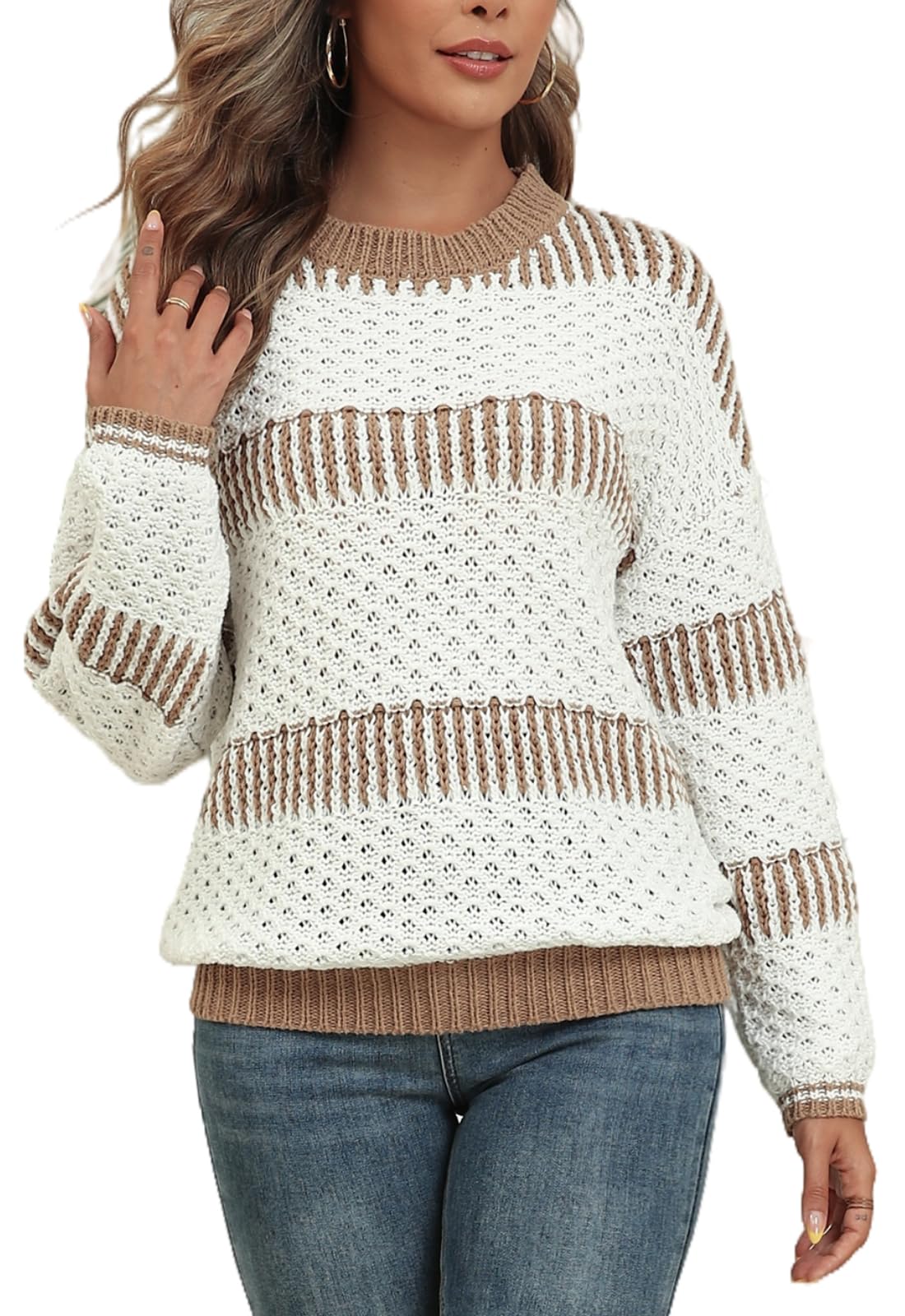 Women Casual Long Sleeve Sweater 2025 Fall Winter Ribbed Knit Pullover Loose Crewneck Sweater Jumper Tops
