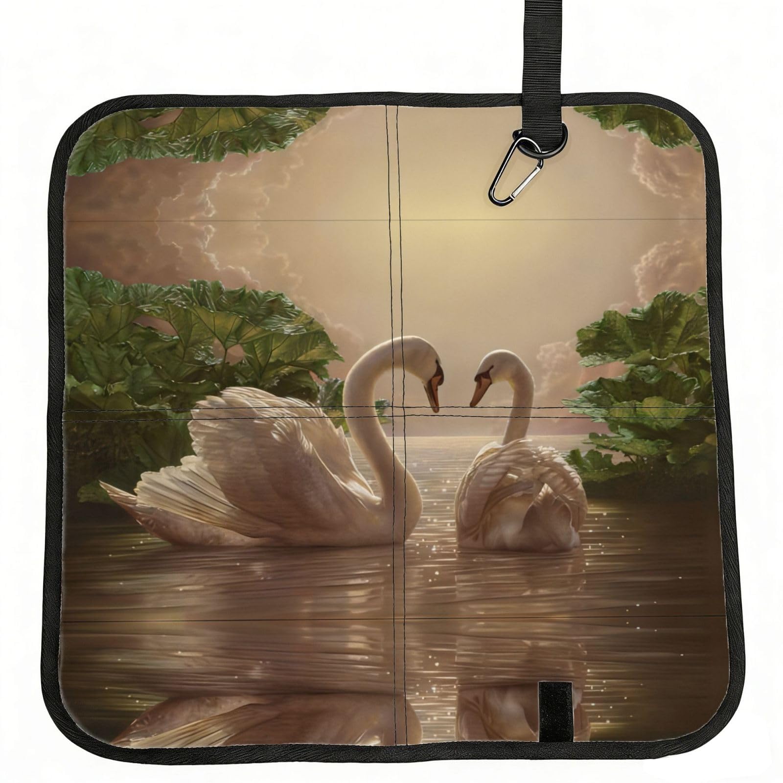 WBQLSL swan green leaves Foldable Seat Cushion - Portable Stadium Pad with Carabiner for Camping Hiking Picnic Beach