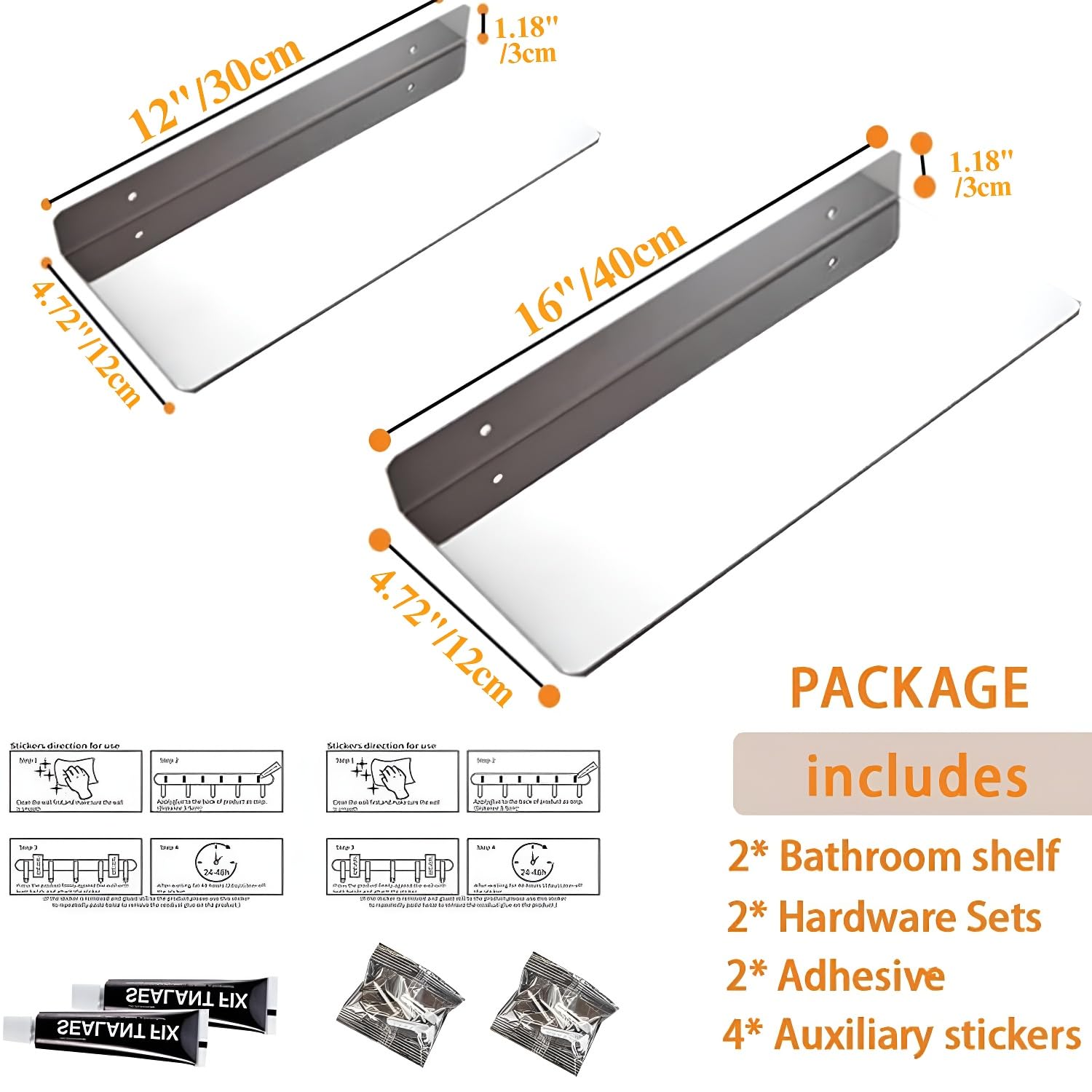 2 Mensole da Doccia in Acciaio Inox Montate al Muro, Senza Foratura, Autoadesive, Accessori da Bagno per Bagno e Cucina (Cromo, 2 pezzi)