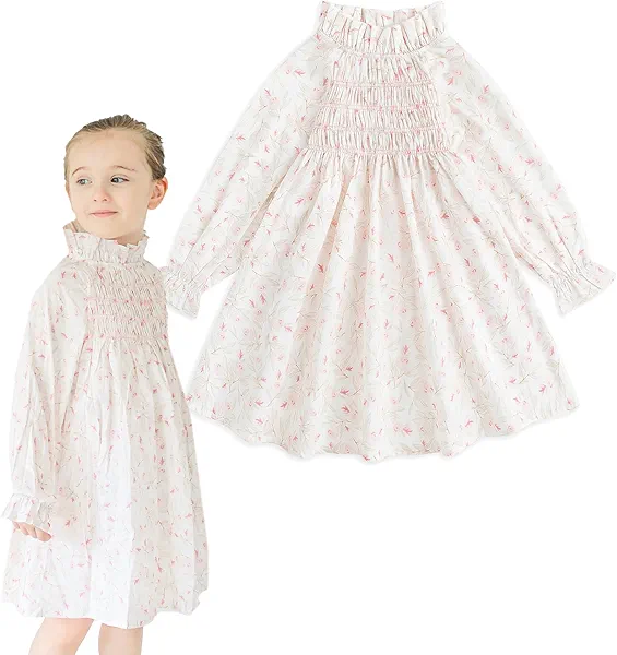Simplee kids Baby Girls Smocked Dress Handmade Spring Fall Casual Dresses Floral Print Sundress Princess Dress for Toddlers