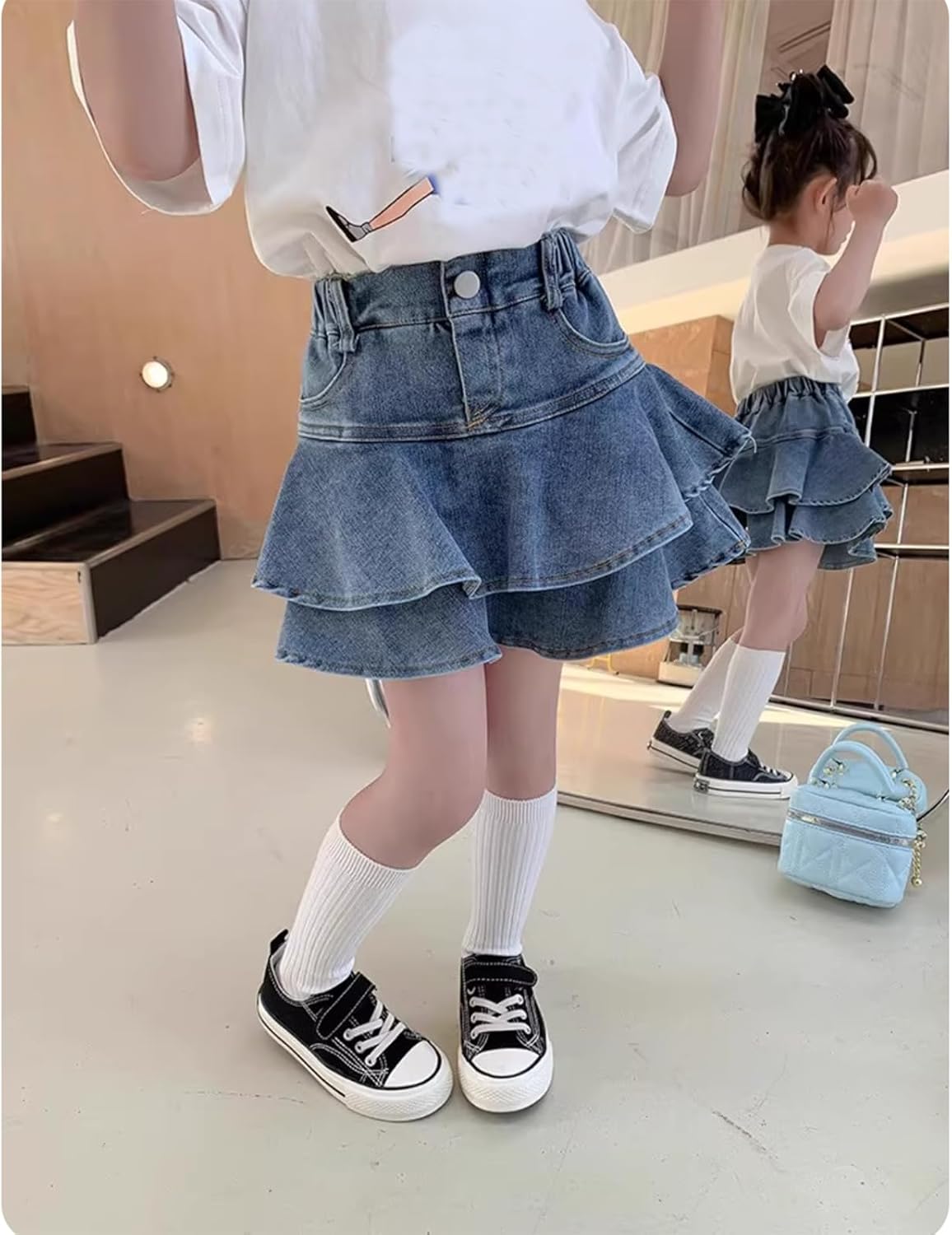 Girls Denim Skirt Summer Vintage Pleated Kids Skirt Shorts Children Uniform Skirt Jeans Skorts - Image 2