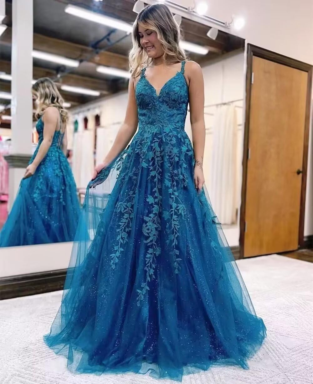 YUAOHUANG Lace Appliques Prom Dresses for Women Glitter Tulle Wedding Ball Gown V Neck Long Formal Evening Party Dress