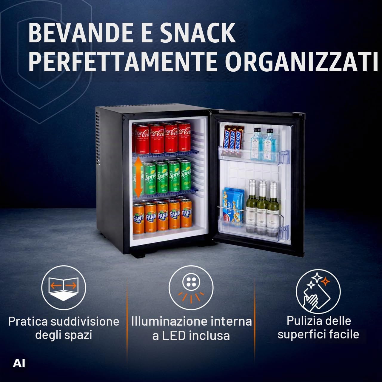 GastroHero Minibar 35 L, illuminazione interna a LED, colore nero, USHF-40A