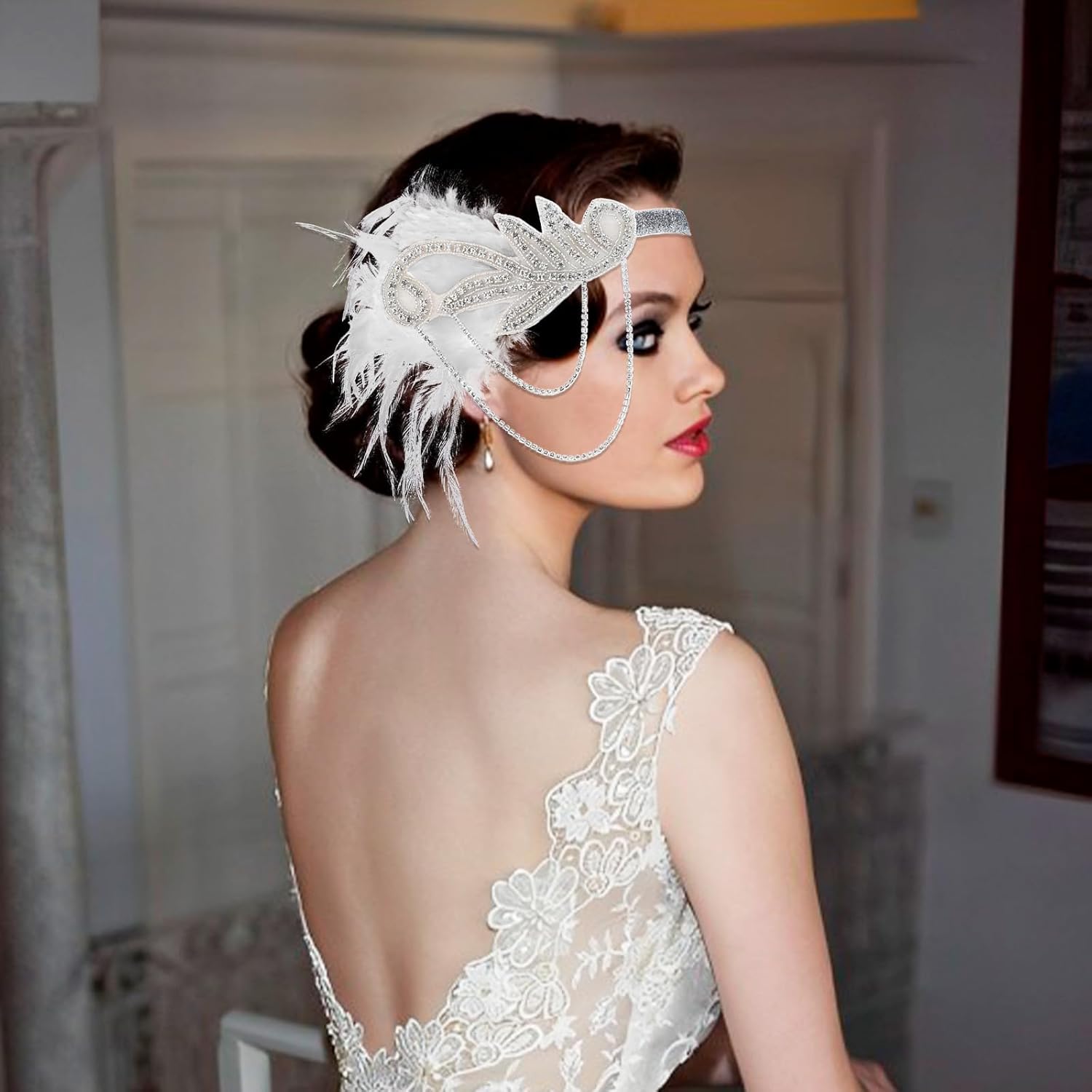 1920s Flapper Headpiece White Feather Flapper Headband Great Gatsby 20s Headpiece Roaring 20s Accessories for Women and Girls - Image 3