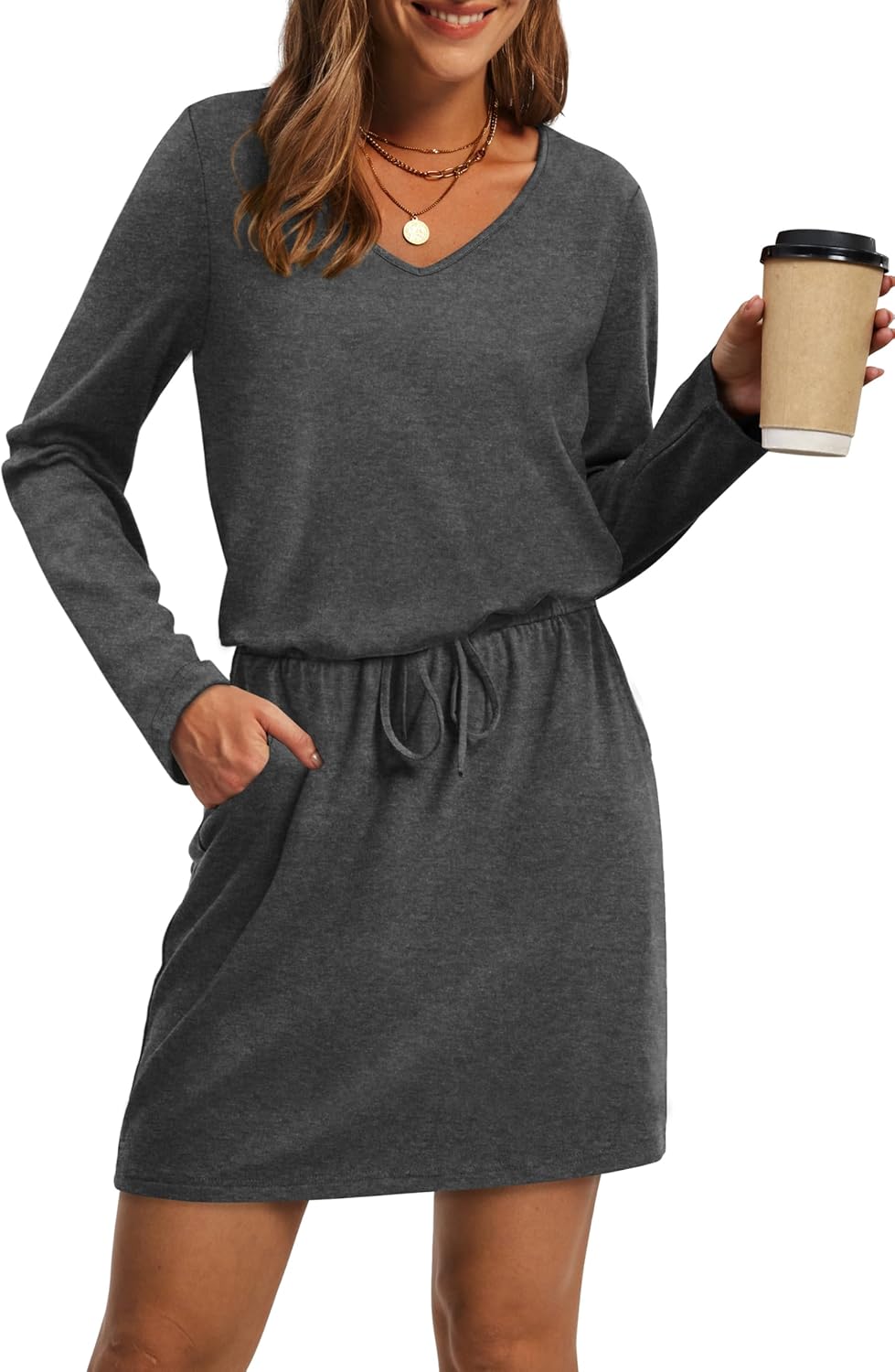 OFEEFAN Fall Dresses for Women 2025 Loose V Neck Long Sleeve T Shirts Casual Sundresses Tie Front A-Line Dresses Grey Large - Image 1 of 5
