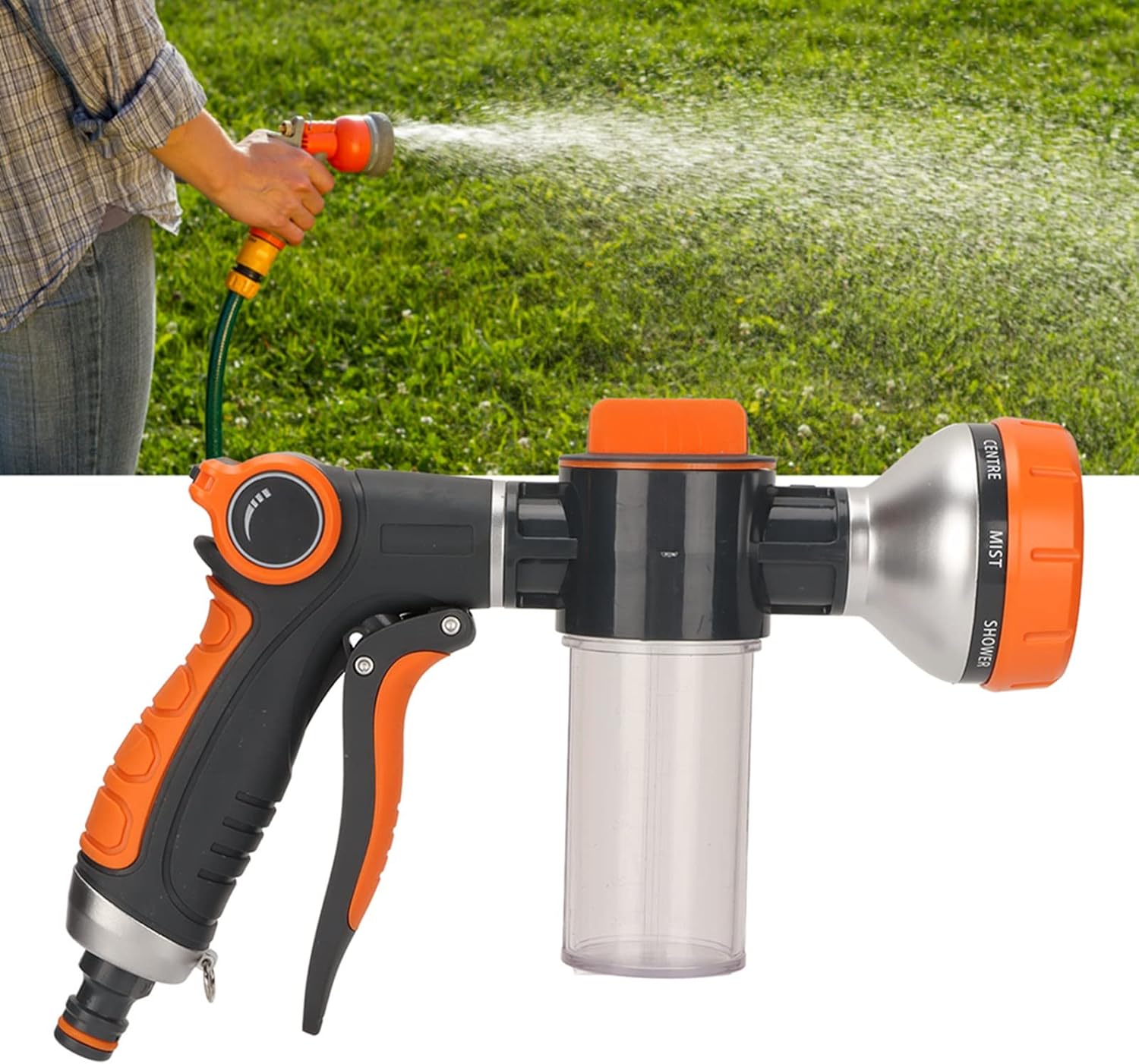Garden Hose Nozzle Adjustable Hose Spray Nozzle High Pressure 8 Watering Pattern with Soap Sprayer Power Garden Water Hose Foam Nozzle Sprayer(Front)