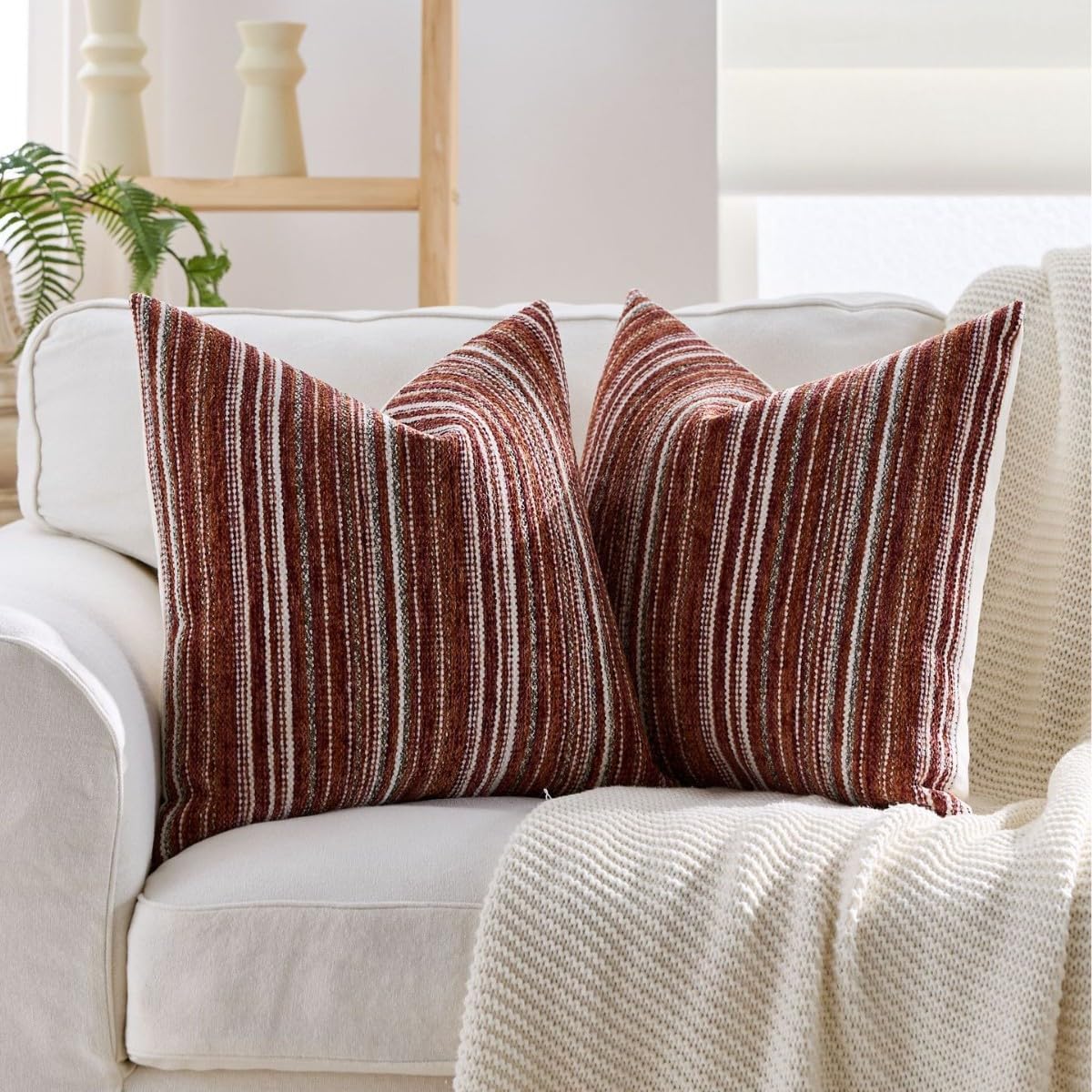 Set of 2 Chenille Striped Throw Pillow Covers 18x18 Inch, Woven Thickened Square Pillowcases, Decorative Cushion Covers for Sofa, Living Room, Bedroom, Porch, Floor (Khaki)
