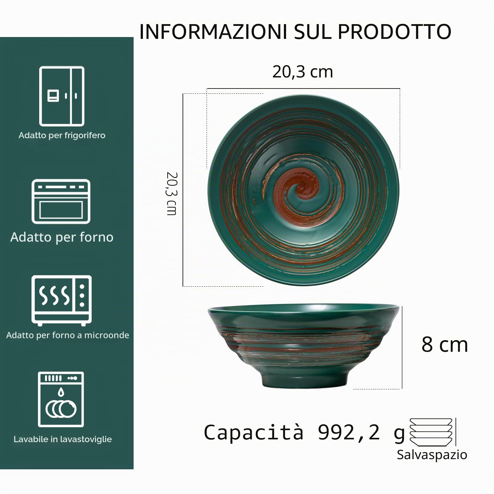 YUN TAO Set di 4 Ciotole per Ramen in Ceramica a Stilo Giapponese, Grandi (1035 ML), Adatte per Insalate, Udon, Soba, Pho, Pasta e Zuppe Asiatiche