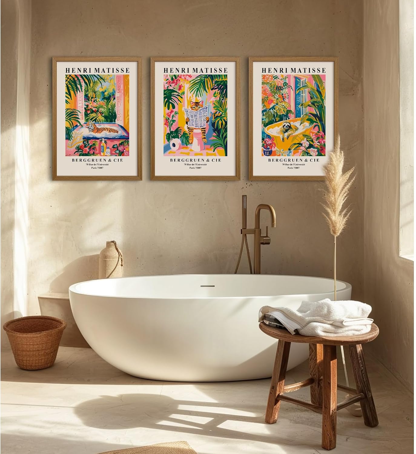 Animal Bathroom Wall Art Funny Cat Canvas Wall Decor Tiger Bathtub Art Pictures Funny Bathroom Poster Henri Matisse Prints Cute Animal Painting Pink Tropical Artwork Toilet 12x16x3 Inch Wood Framed