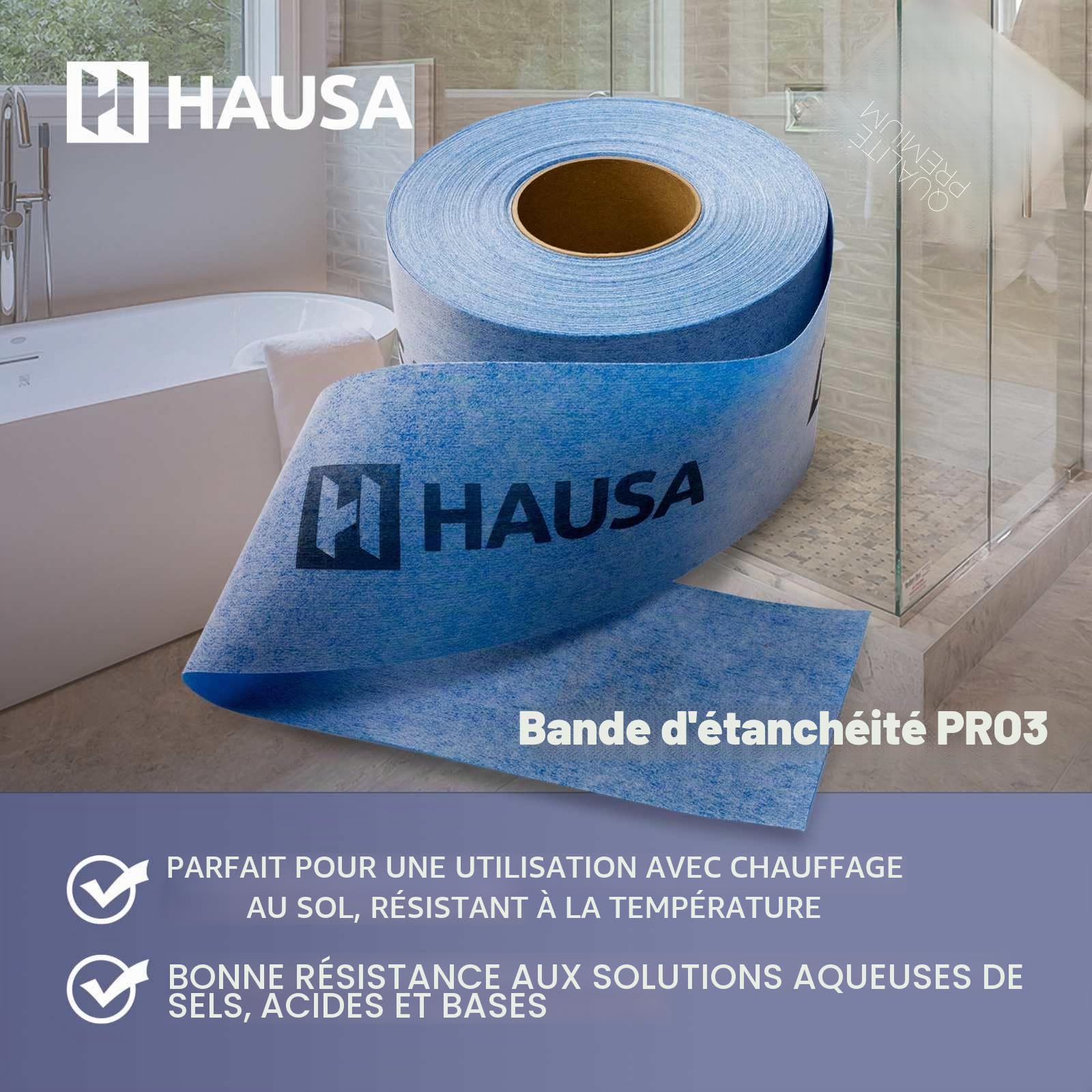 Hausa Ruban d'étanchéité PRO3 pour carrelage - 120 mm de large - Étanche - Pour l'intérieur et l'extérieur - Pour pièces humides, sanitaires, salle de bain, douche, terrasse, balcon, 50 m