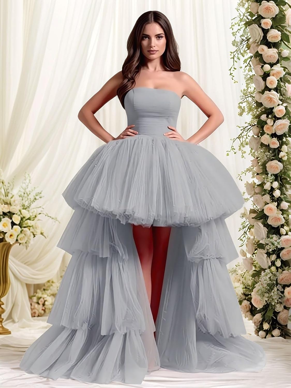 High Low Tulle Prom Gowns Strapless Evening Party Dress with Train Ruffles Sleeveless Pageant Tutu Ballgowns