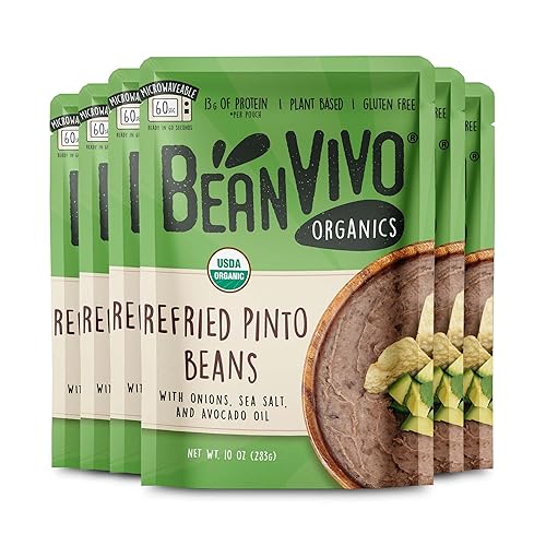 BeanVIVO - Frijoles pintos refritos orgánicos, paquete de 6 (10 onzas cada uno), sazonados y listos para comer, proteínas vegetales, veganas, sin