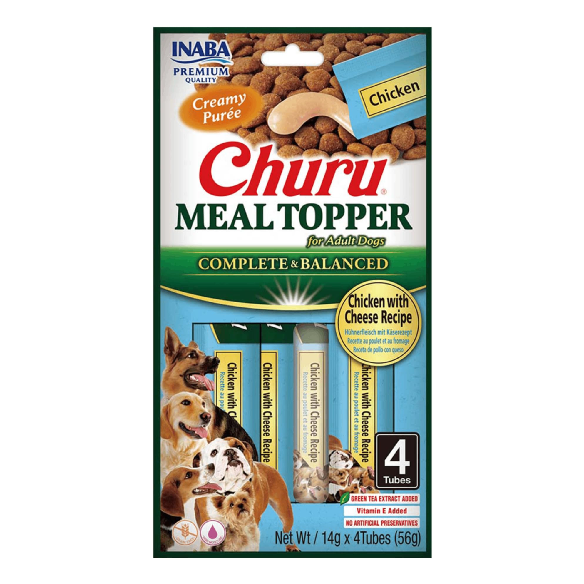 Churu Meal Toppers by INABA Dog Treat - Chicken with Cheese Recipe (4 x 14g) / Soft & Creamy, Delicious & Healthy Purée Food Topper, Natural, Grain Free