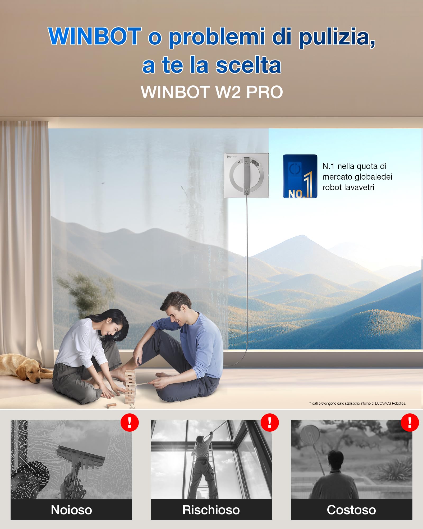 ECOVACS W2 PRO Robot Lavavetri, Robot Vetri con 3 Ugelli Spruzzatori d'acqua, Sistema di Protezione a 10 Livelli, Pianificazione del Percorso WIN-SLAM 4.0, Sistema di Scalata Stabile