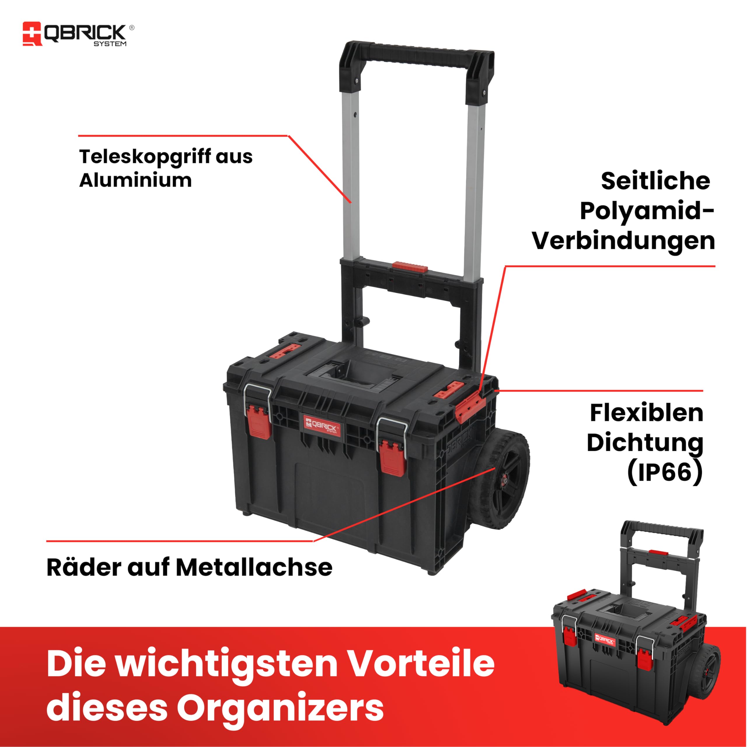 Qbrick System Werkzeugwagen Prime Cart Black Werkzeugtrolley Werkzeugkoffer Werkzeugkasten IP66 100 kg Tragkraft 120 kg Belastbar Modular