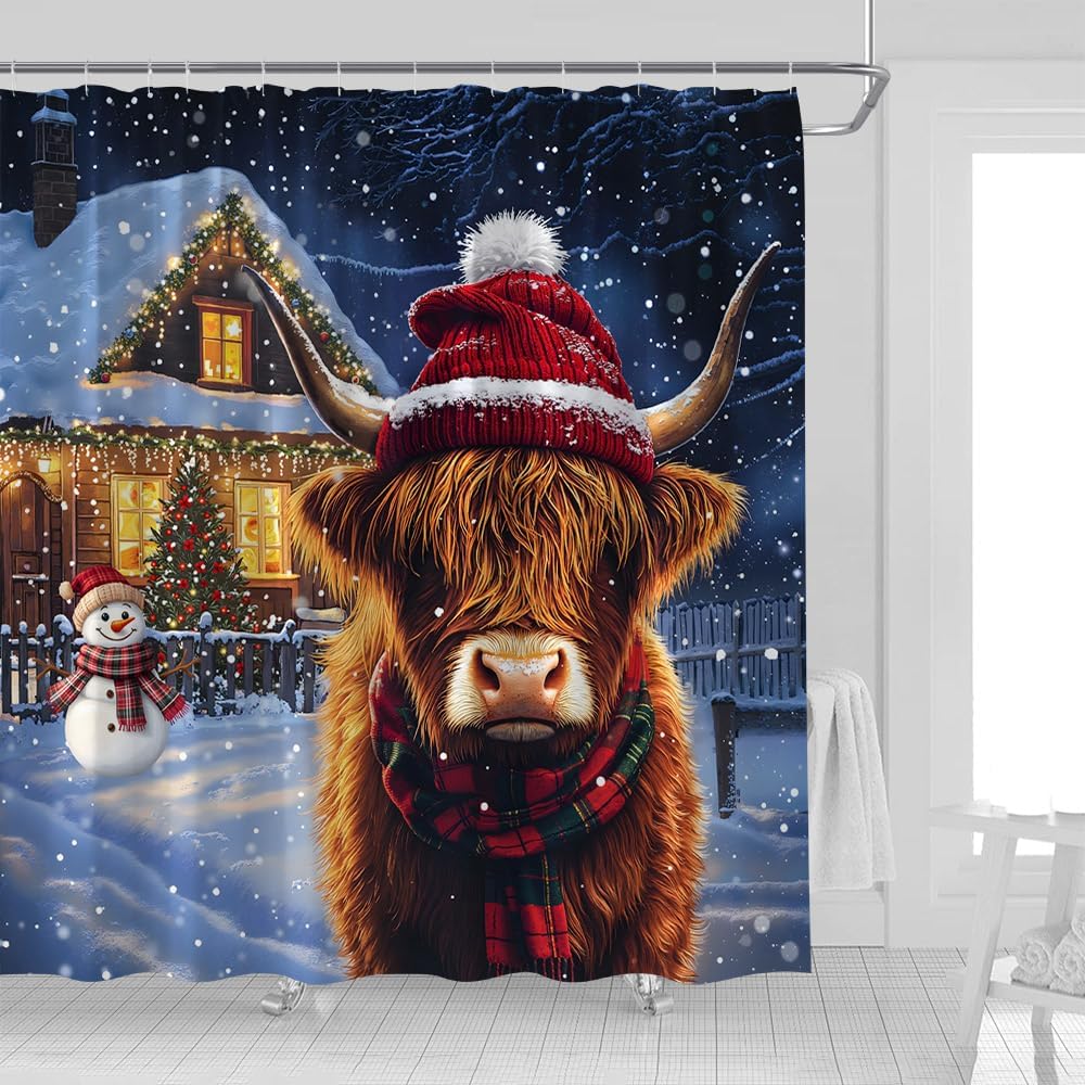 Christmas Highland Cow Shower Curtain Farmhouse Funny Western Cattle with Hat Snowman Xmas Tree Rustic Cabin Winter Snow Snowflake Natural Scene Fabric Bathroom Decor Curtains with Hooks,70 x 82