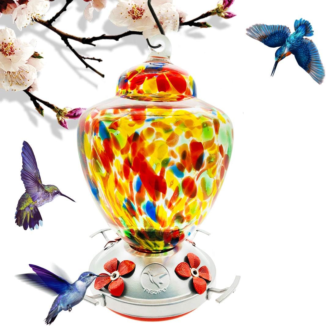 REZIPO Hummingbird Feeder with Perch Hand Blown Glass