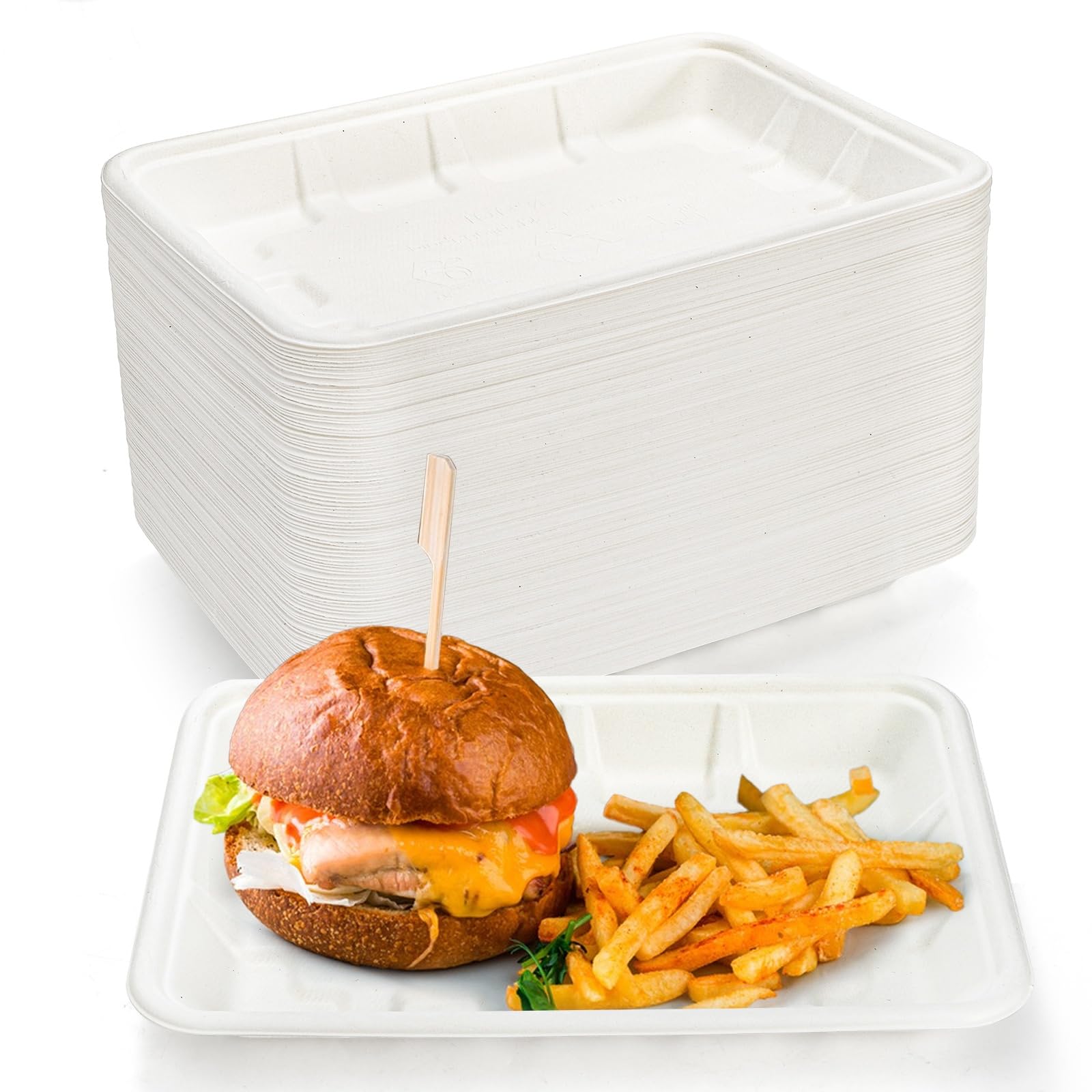 Lawei Confezione da 100 piatti di carta rettangolari profondi 22,9 x 17,8 cm, usa e getta, bianchi, compostabili, resistenti, in bagassa, per tacos, dessert, snack, insalata, matrimoni, compleanni