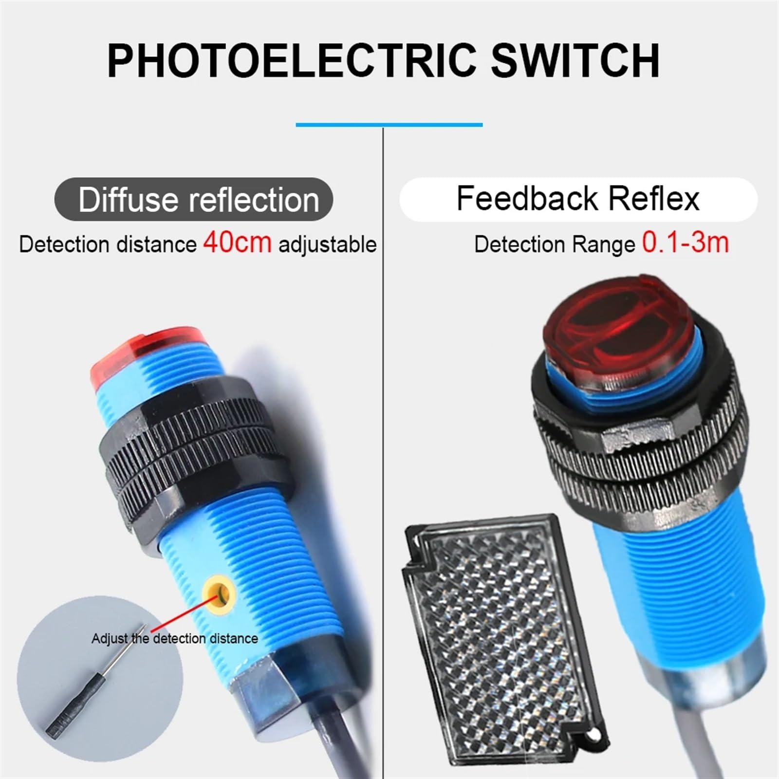 Interruttore Fotoelettrico A Riflessione M18, 2 Fili, Sensore A Infrarossi Con Riflettore A Specchio, Portata 2 Metri