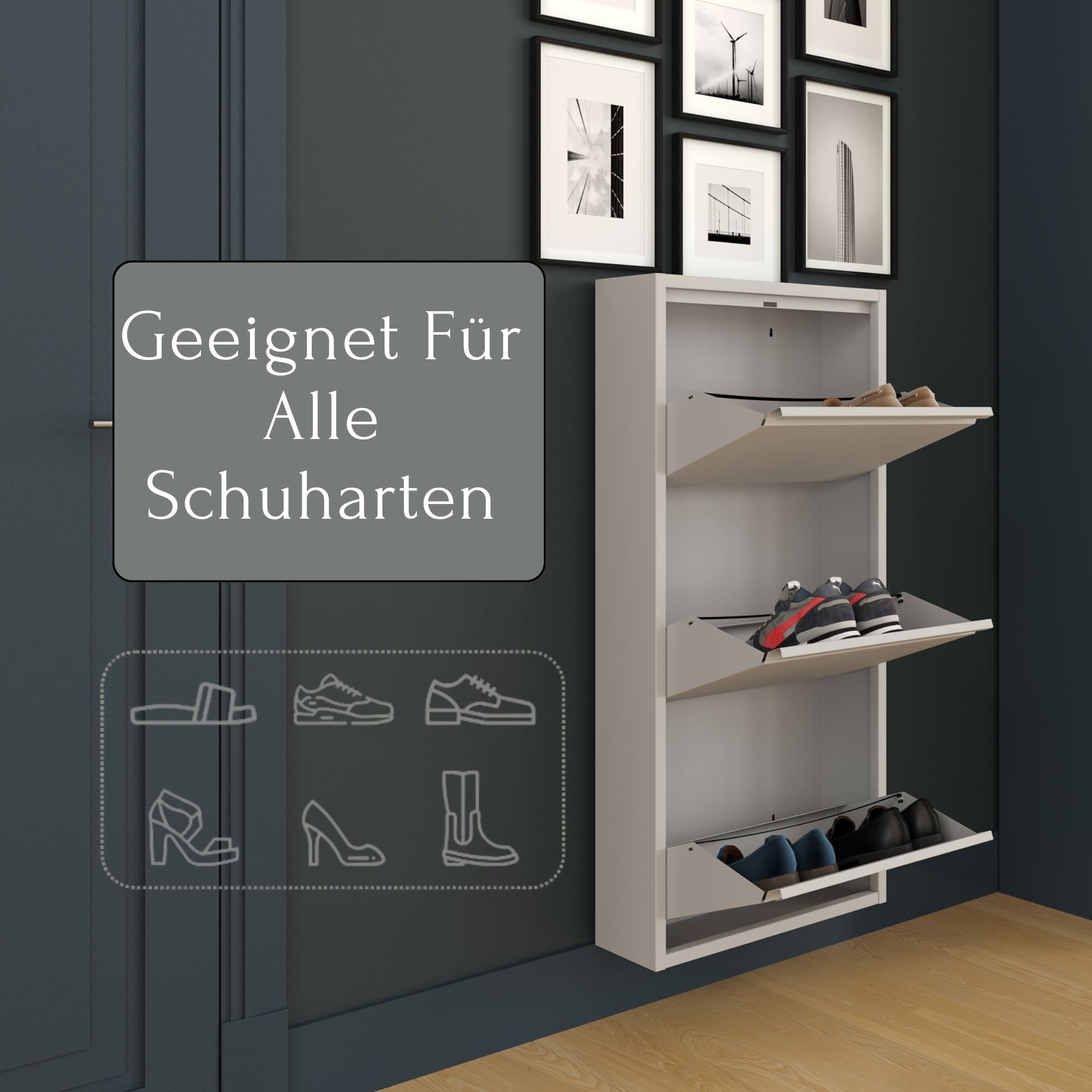 Furni24 Ruimtebesparende Metalen Schoenenkast met Magneetkleppen - 4 Kleppen Voor 8-12 Paar Schoenen - Wandmonteerbaar en Voorgemonteerd, Wit