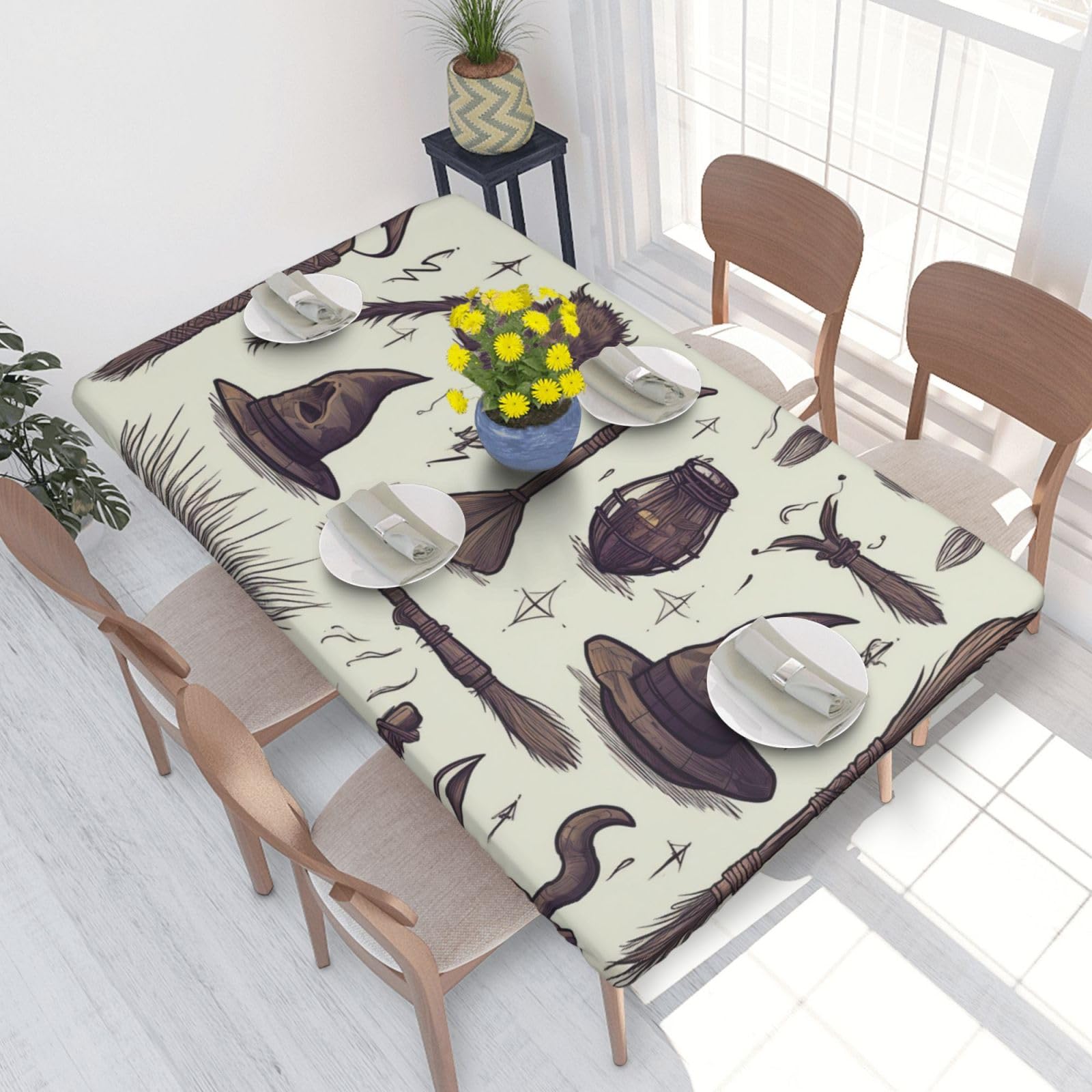 Dcarsetcv Different Witch Equipment Printed 4Ft Waterproof Tablecloth With Elastic Edged Protect & Decor Your Table, Oil-Proof Washable Table Cloth Cover For Dinner Picnic Party