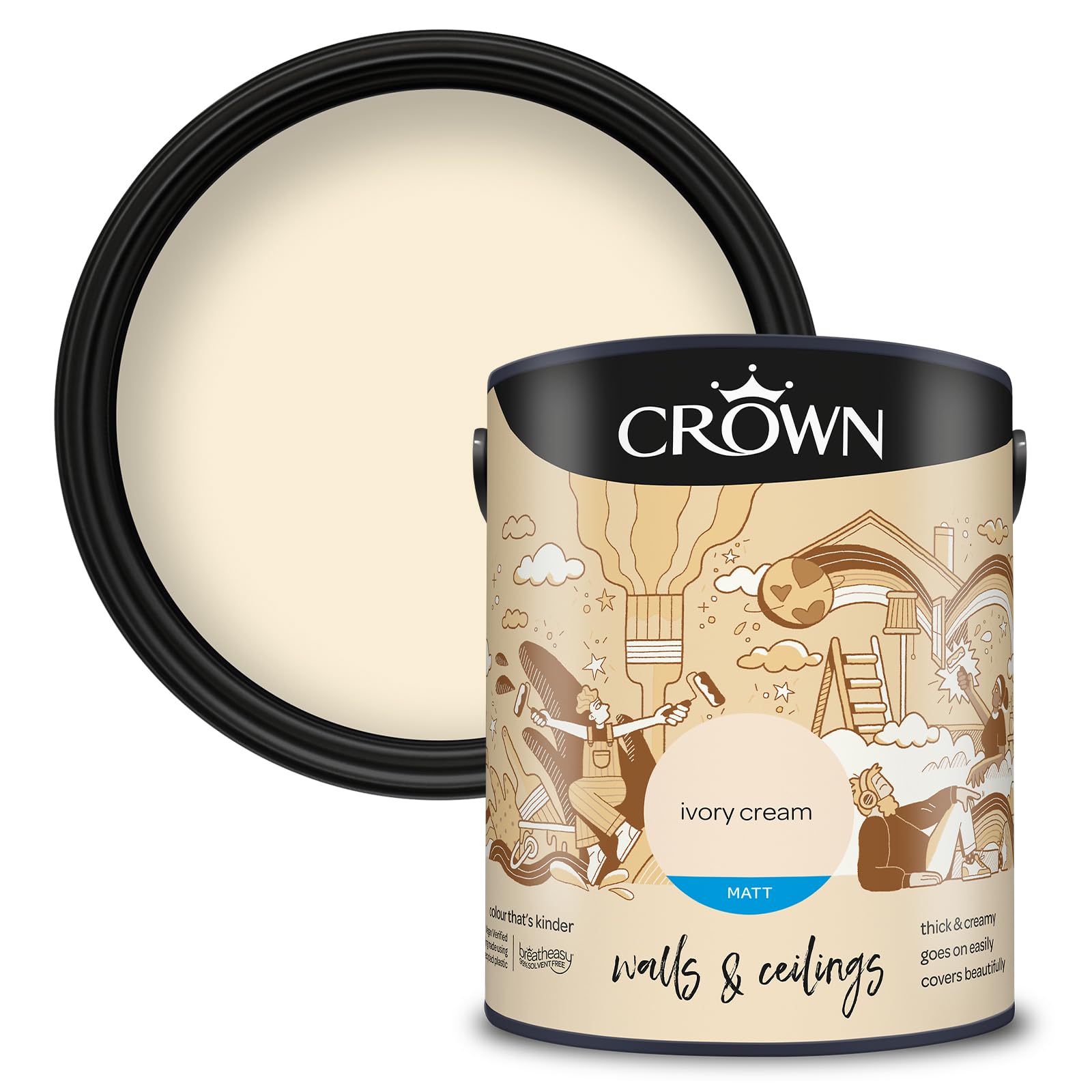 Crown Breatheasy Walls & Ceilings Paint - Ivory Cream - Matt Emulsion - 5L