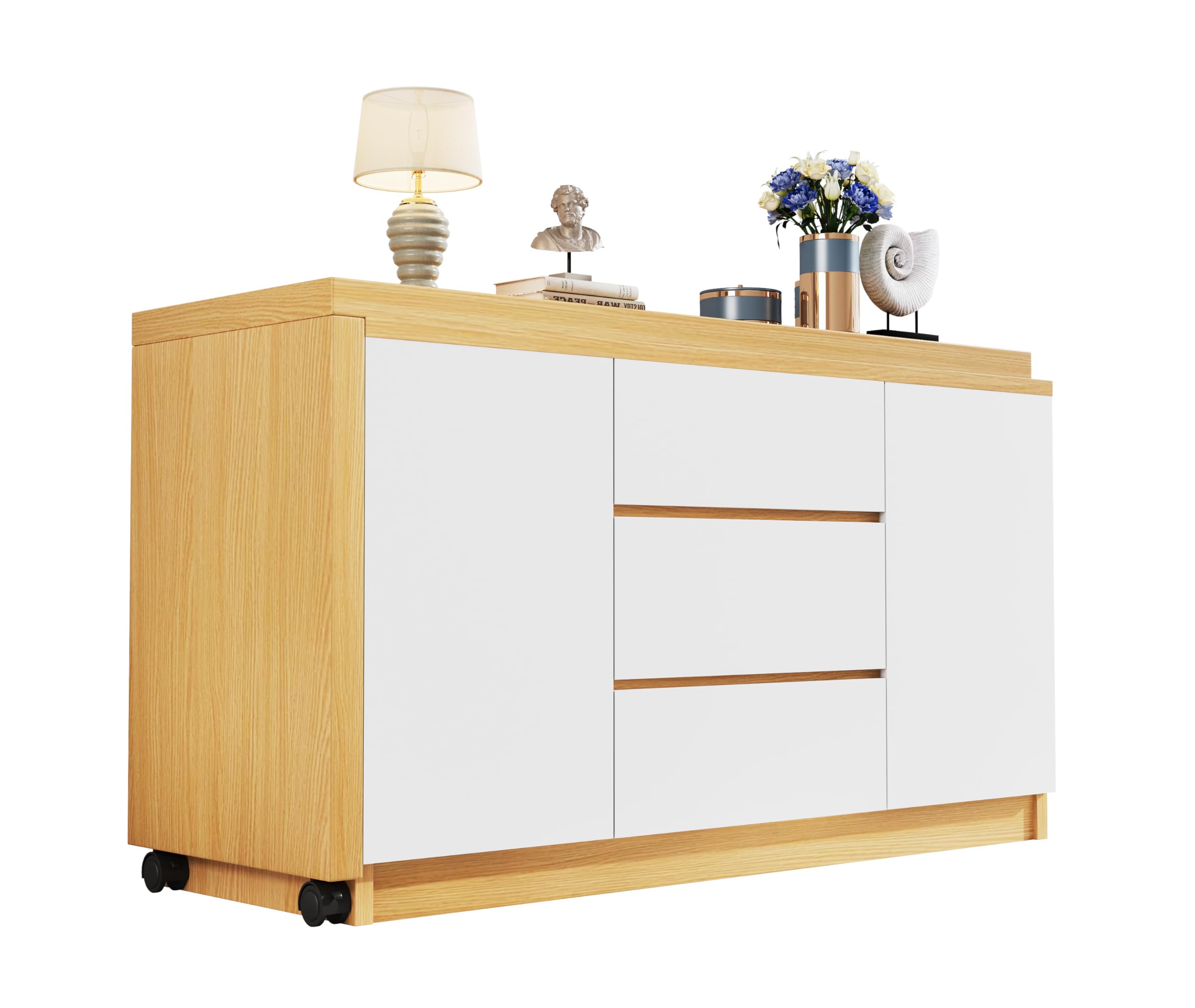 Escritorio con ruedas con bloqueo, diseño multifuncional, 4 cm de grosor, mesa giratoria con bloqueo fijo, blanco/roble, plegable, escritorio esquinero, aparador, material grueso