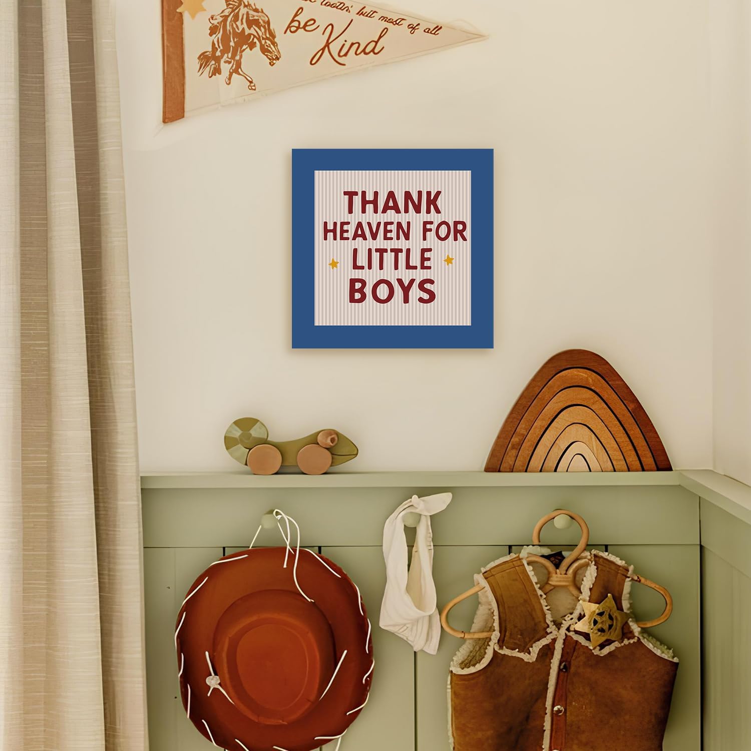 Boy Nursery Decor Wooden Box Sign, Vintage Thank Heaven for Little Boys Wood Block Signs Decorations, Boys Room Wood Box Signs for Kids Boy Bedroom Playroom Desk Shelf Tabletop Decor 5x5 image 2