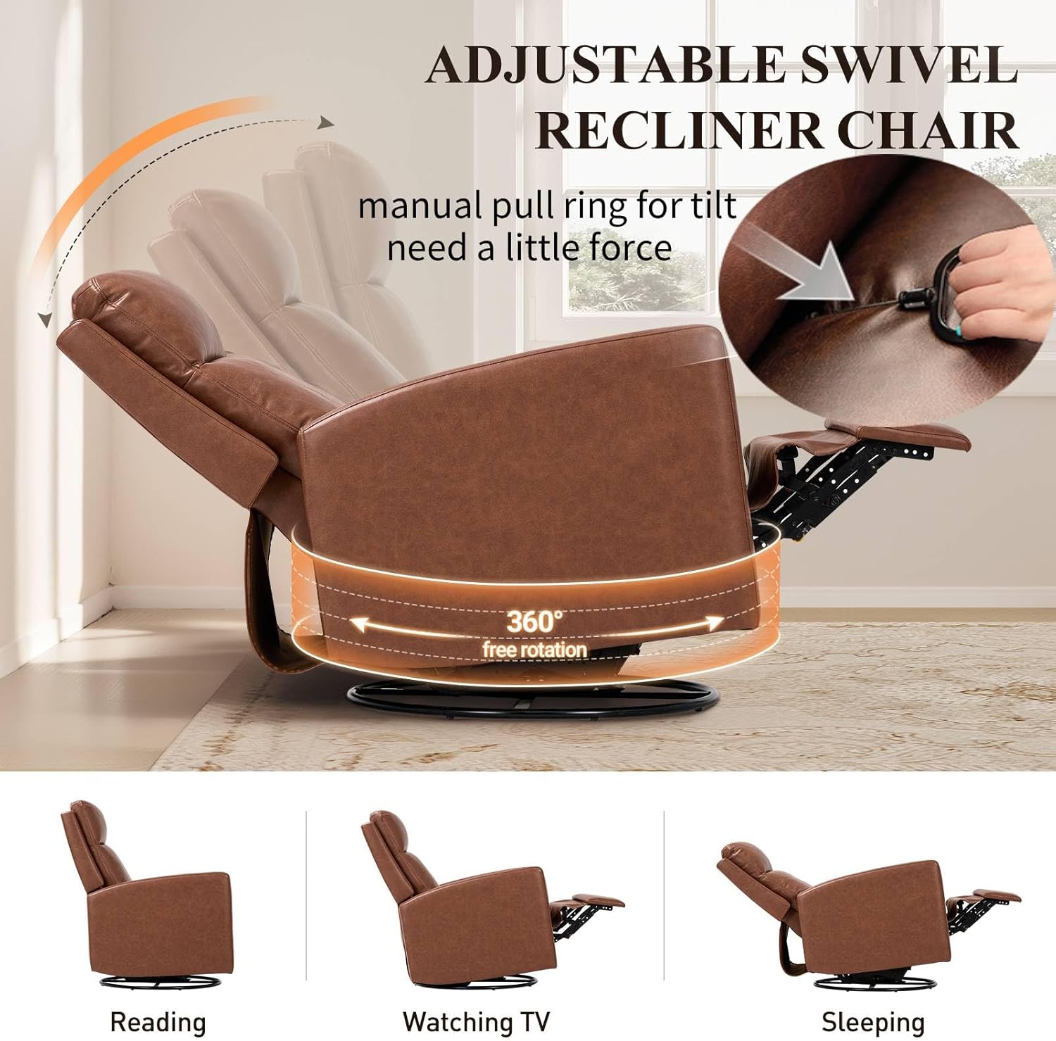 Detailed product dimensions of the COLAMY Swivel Rocker Recliner Chair, including height, width, depth, and seat measurements.