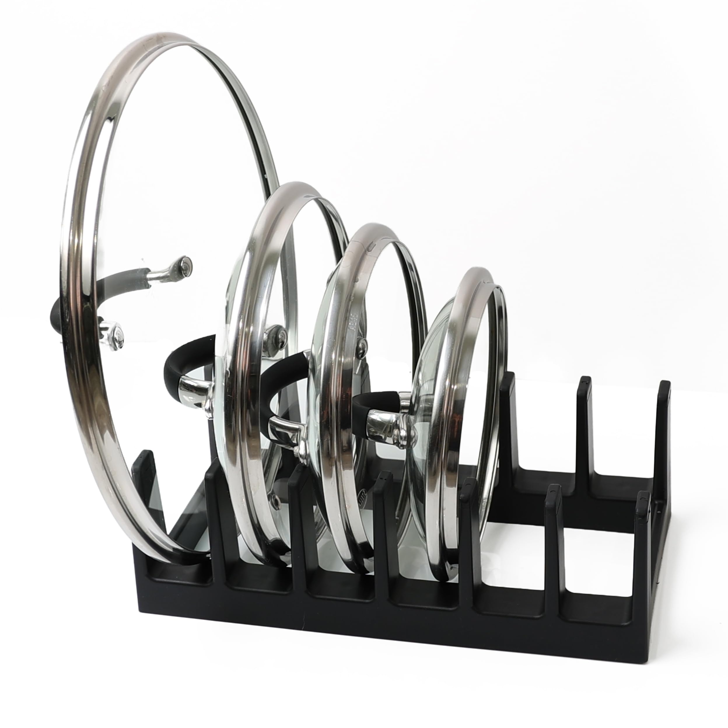Divchi Black Pan Organiser For Cupboard Plastic Pot Lid Holder With 6 Sections | Pot Lid Organiser | Pan Storage Organizer | Pot & Pan Racks | Kitchen Accessories (Black)