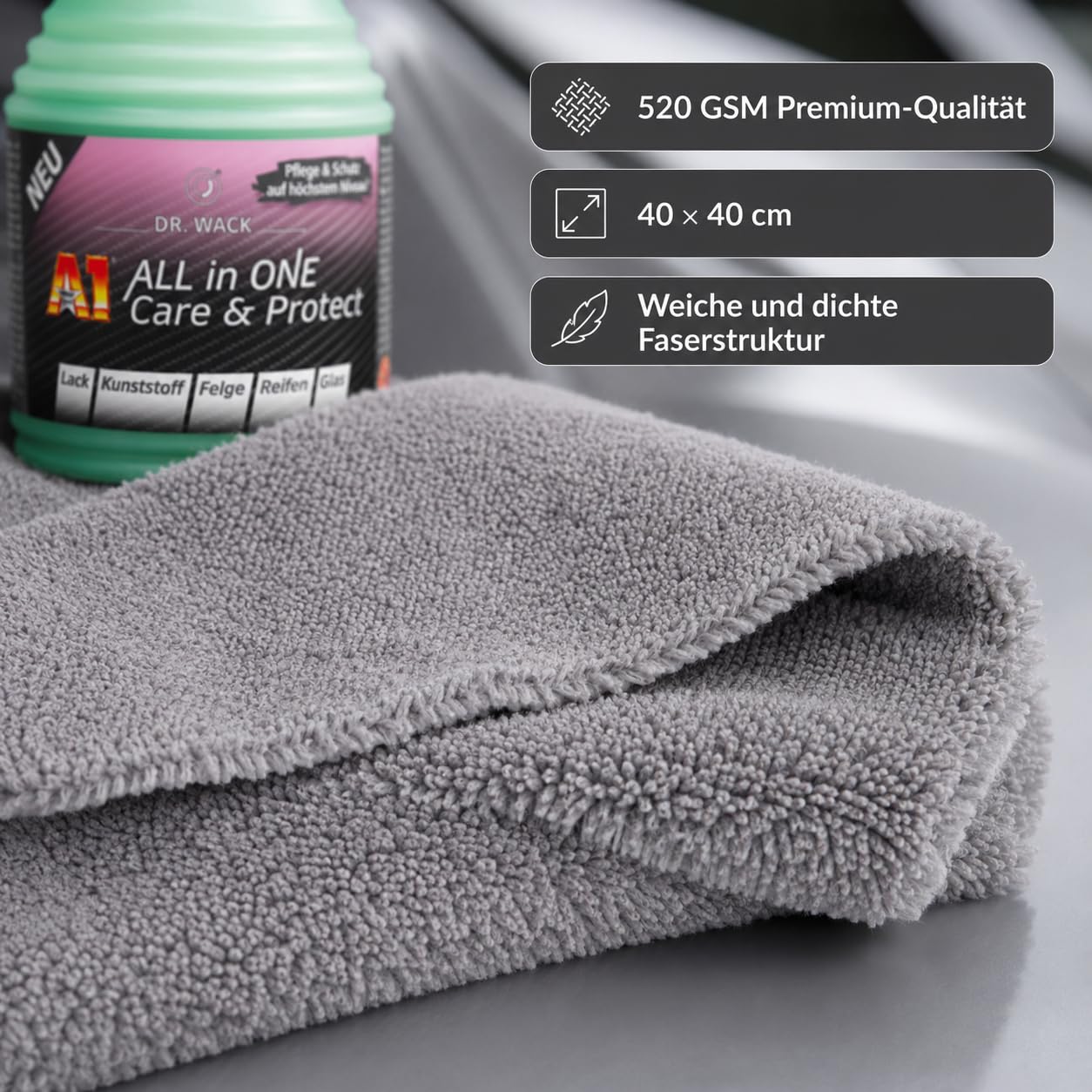 Set: 2x Dr. Wack A1 ALL IN ONE Care & Protect 500 ml + Mikrofaser-Poliertuch 520 GSM – Sprühversiegelung fürs Auto mit Schutzfilm & Abperleffekt für Lack, Glas, Felgen, Kunststoff u. Reifen