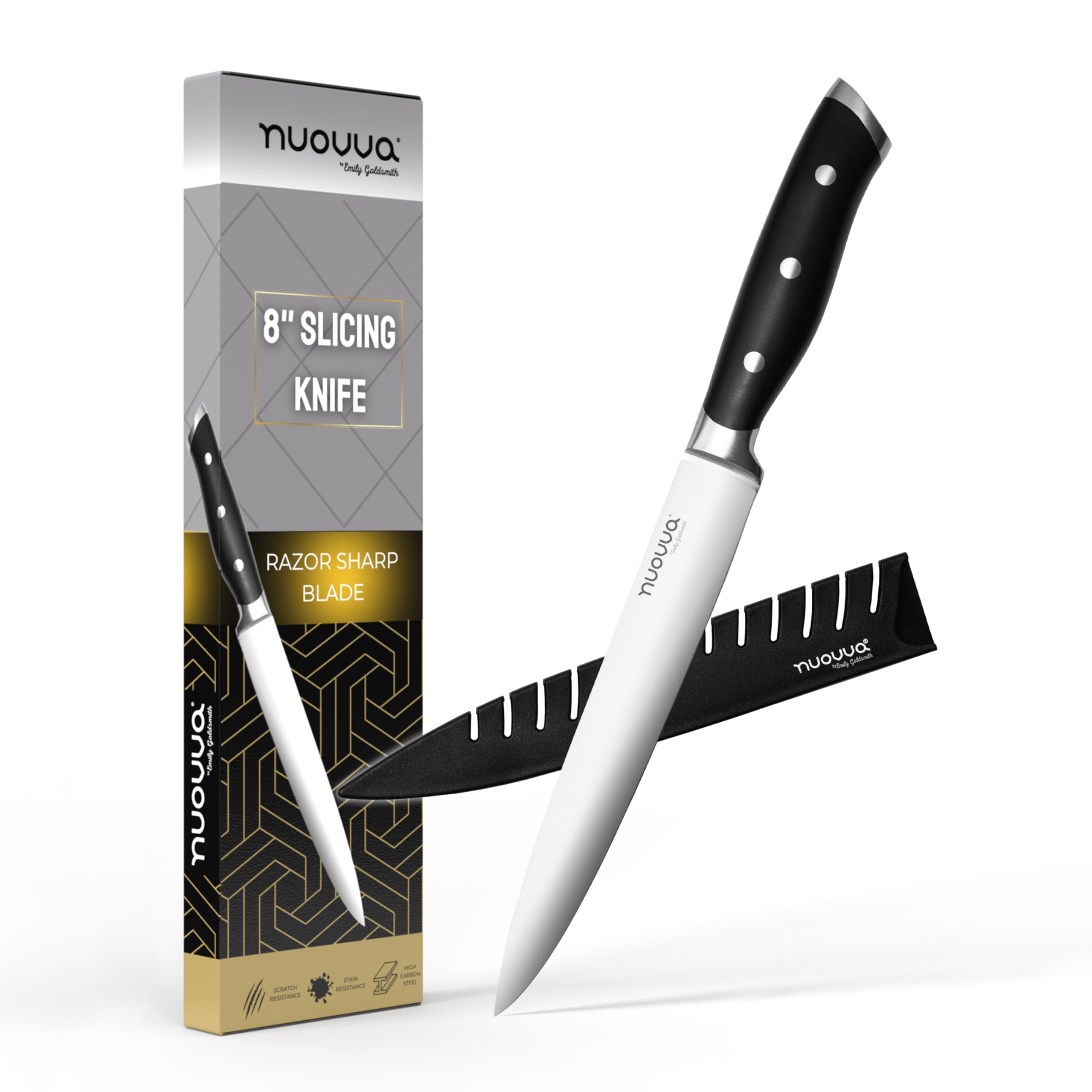 nuovva Kitchen Fileting Knife – Professional Chef Slicing Knife – 8 inch German High Carbon Stainless Steel – Meat and Fish Boning Knives