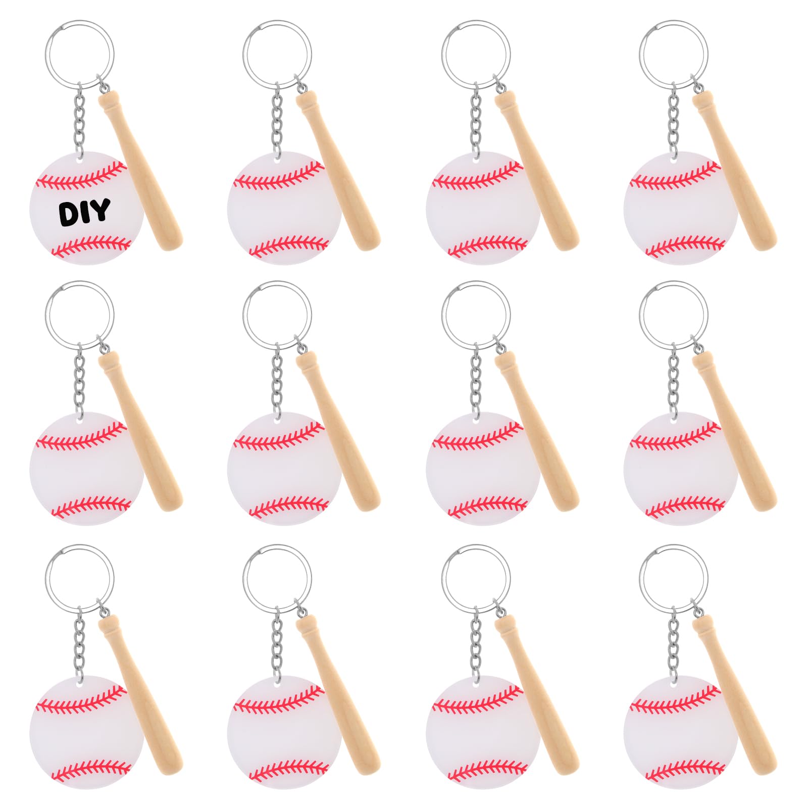 12 Pcs Baseball Acrylic Keychain Bulk with Mini Wooden Handle DIY Keychains Ball Bag Tag for Baseball Team Sports