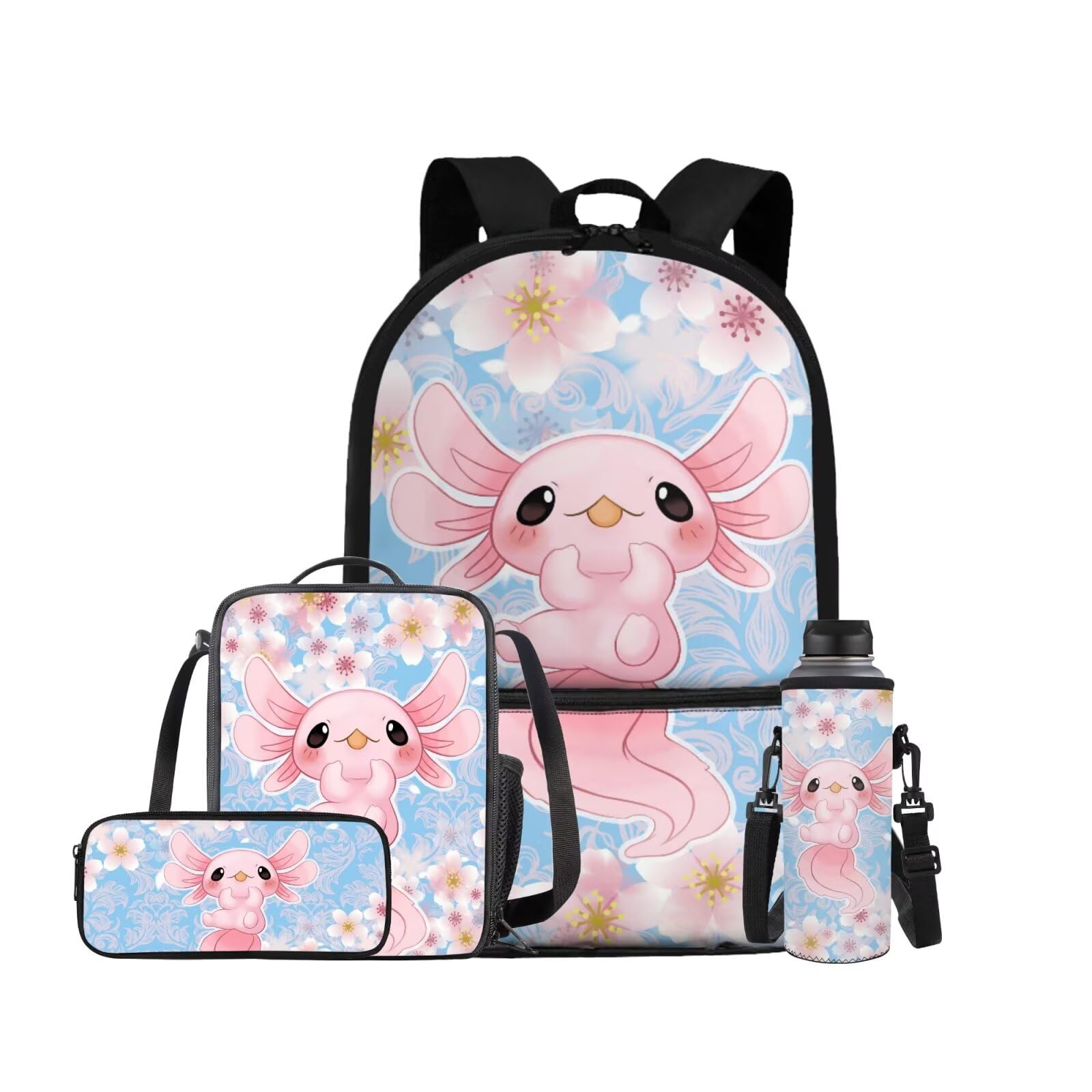 Ystardream Kids Back to School Backpacks for Girls Backpack with Luch Box for Girls Cute Axolotl Bookbag with Front Pocket Sturdy Pencil Case,Lunch