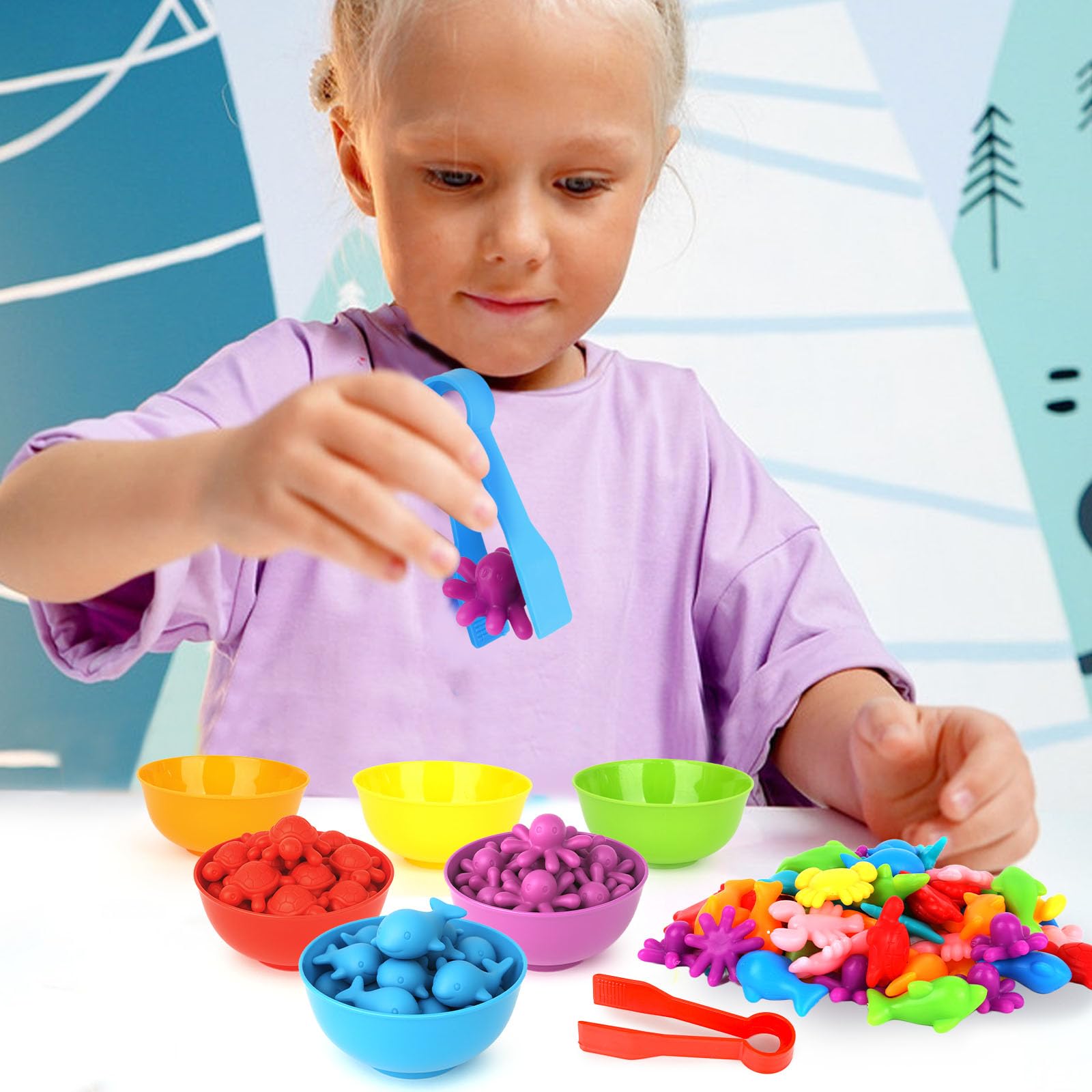 Conteo de animales para niños pequeños, 64 piezas, juego de emparejamiento de animales oceánicos, juguetes educativos Montessori de clasificación de colores 2