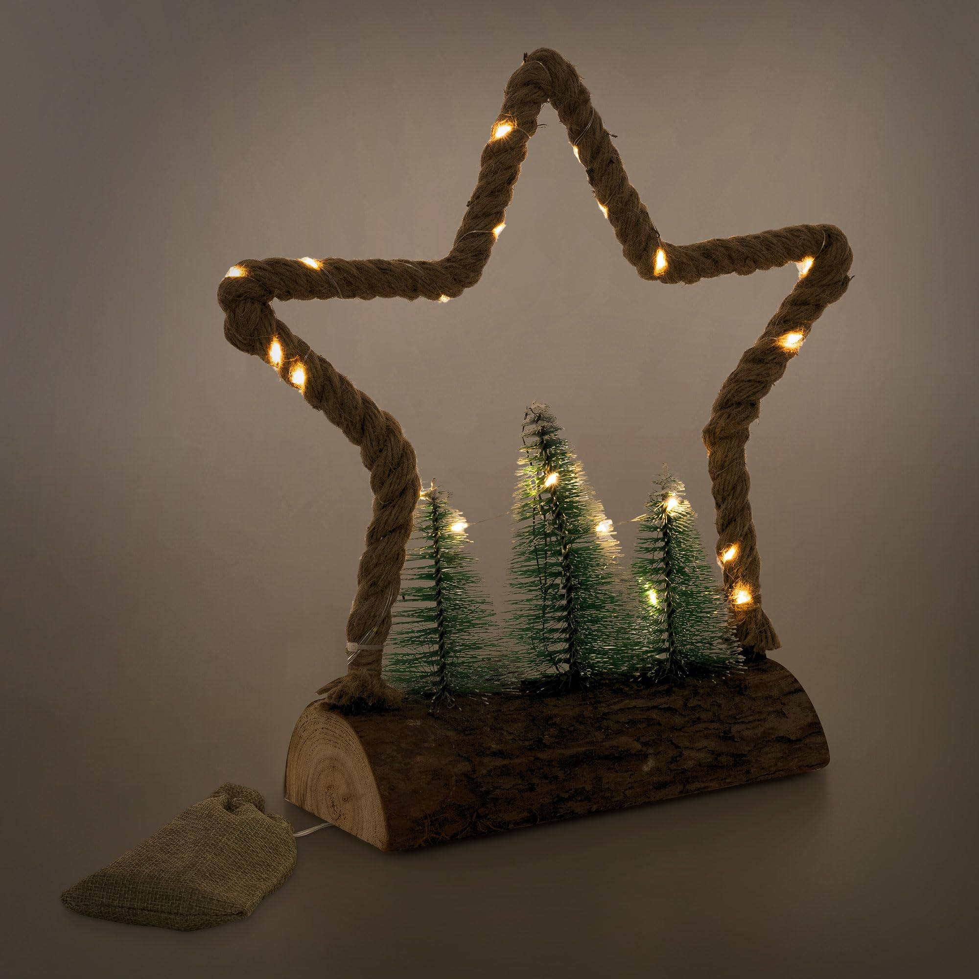 ECD Germany Estrella de Navidad Colgante con 30 Leds IP44 Iluminación Blanco Cálido 33x9,5x30 cm con 3 Abetos Bolsa de Yute Decoración Navideña con Temporizador Copo de Nieve de Adorno Festivo