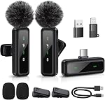 Mini Wireless Lavalier Microphone for iPhone, iPad, Android, 2-Pack Mini Mic with Windscreens & Pop Filters, Noise Reduction, Auto Pairing, Mute & Reverb for Vlogging, Recording, Live Streaming