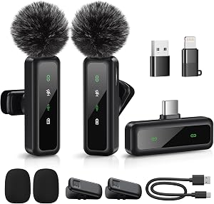 Mini Wireless Lavalier Microphone for iPhone, iPad, Android, 2-Pack Mini Mic with Windscreens & Pop Filters, Noise Reduction, Auto Pairing, Mute & Reverb for Vlogging, Recording, Live Streaming