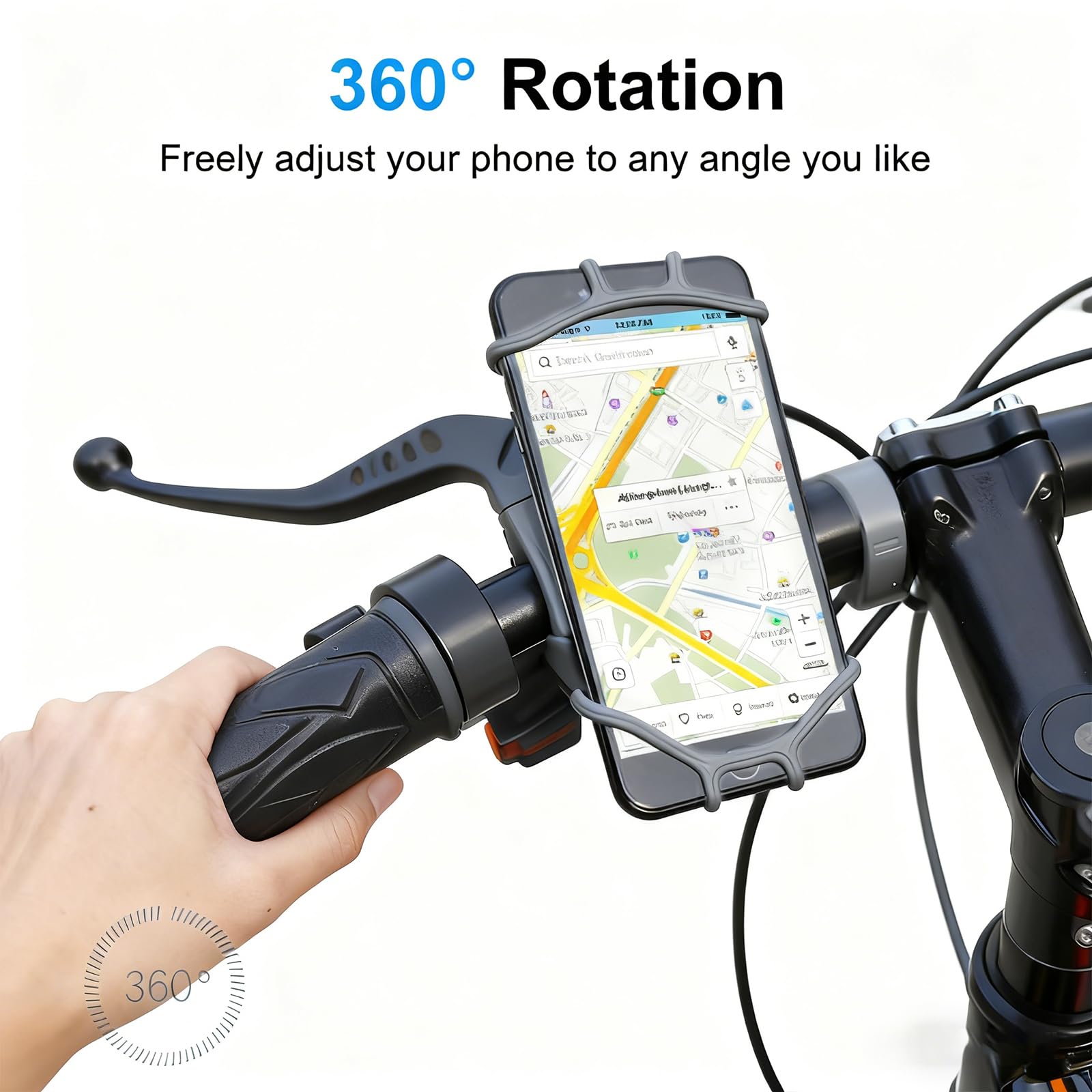 Uniwersalny uchwyt na telefon motocyklowy, rowerowy uchwyt na telefon, obracany o 360°, kompatybilny z iPhone 16/15/14/13, Samsung, na kierownicę rowerową, rower górski, bieżnia, szary
