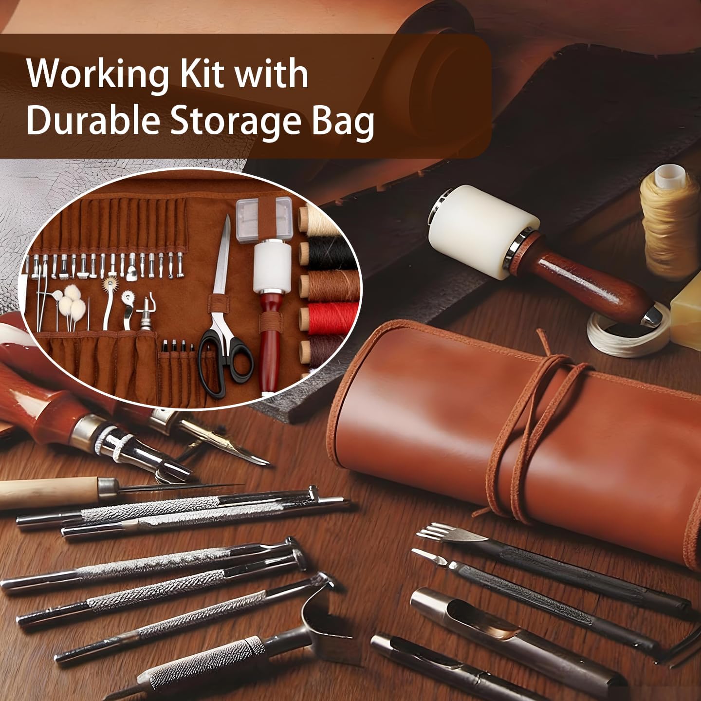Leather Working Tools Kit, with Portable Leather Storage Bag, Engraving Punching Sewing Stamping Sanding Tools, Ideal for Crafting, Repair & DIY Projects
