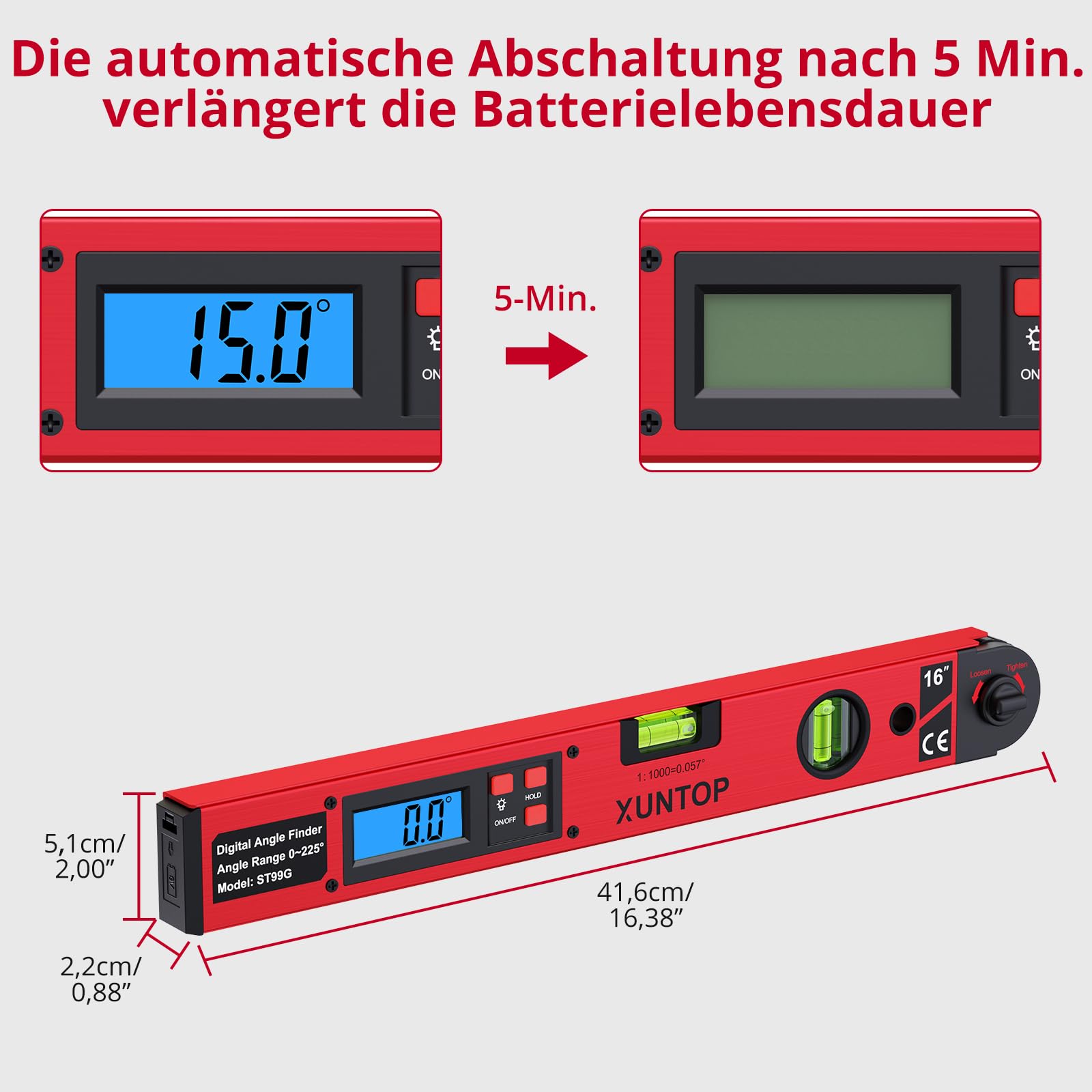 XUNTOP Digital Winkellineal Horizontale Winkelmesslehre 225° Winkelmessgerät Aluminiumlegierung mit LCD-Anzeige Winkel Anzeige für Tischlerei, Bauwesen, Heimwerken usw