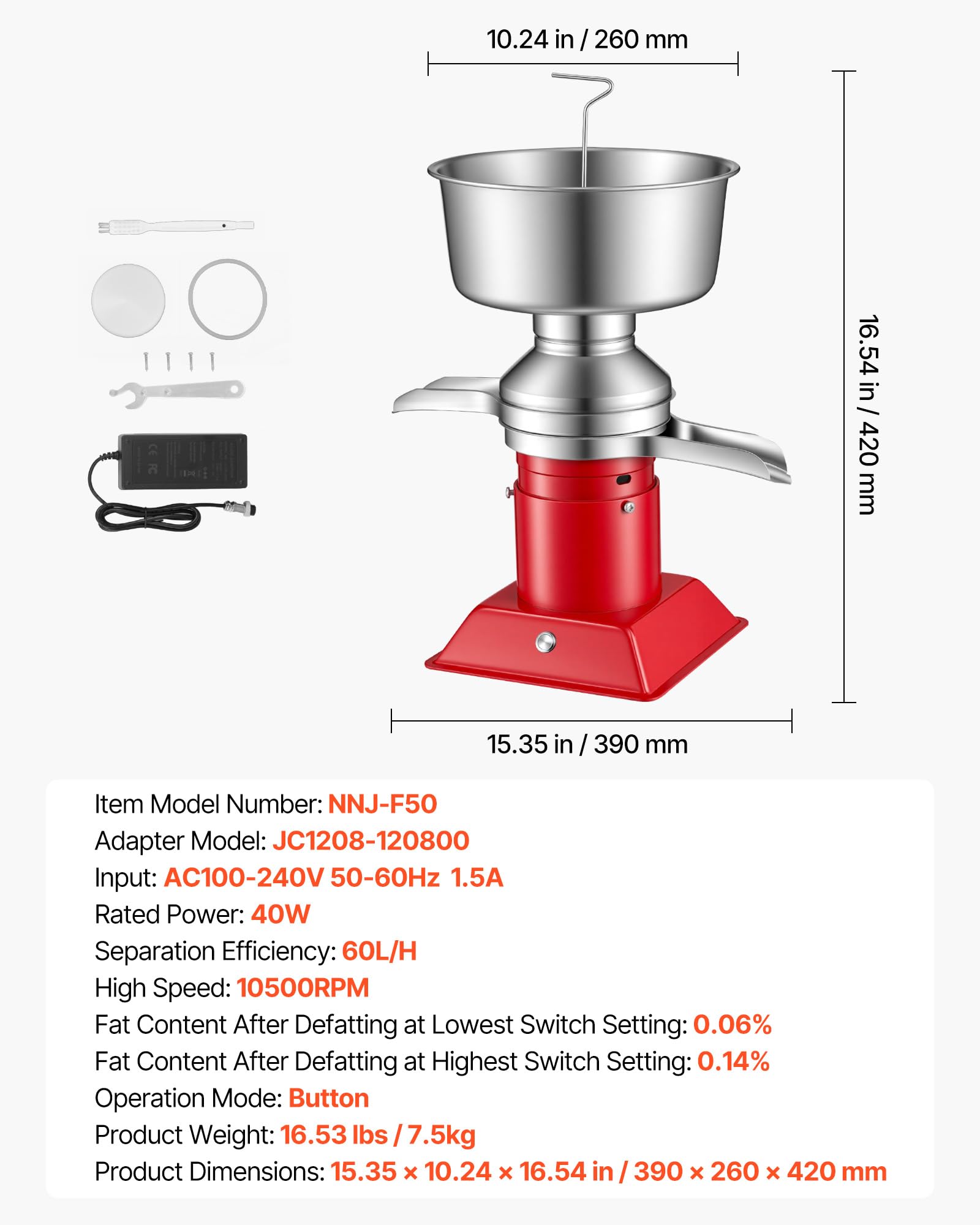 VEVOR Separatore di Latte Elettrico 40 W Centrifuga per Latte Elettrica 60 L/h Controllo a Pulsante, Separatore Panna 10500 giri/min Acciaio Inox 304 Centrifuga Panna con Serbatoio da 4,5 L da Cucina