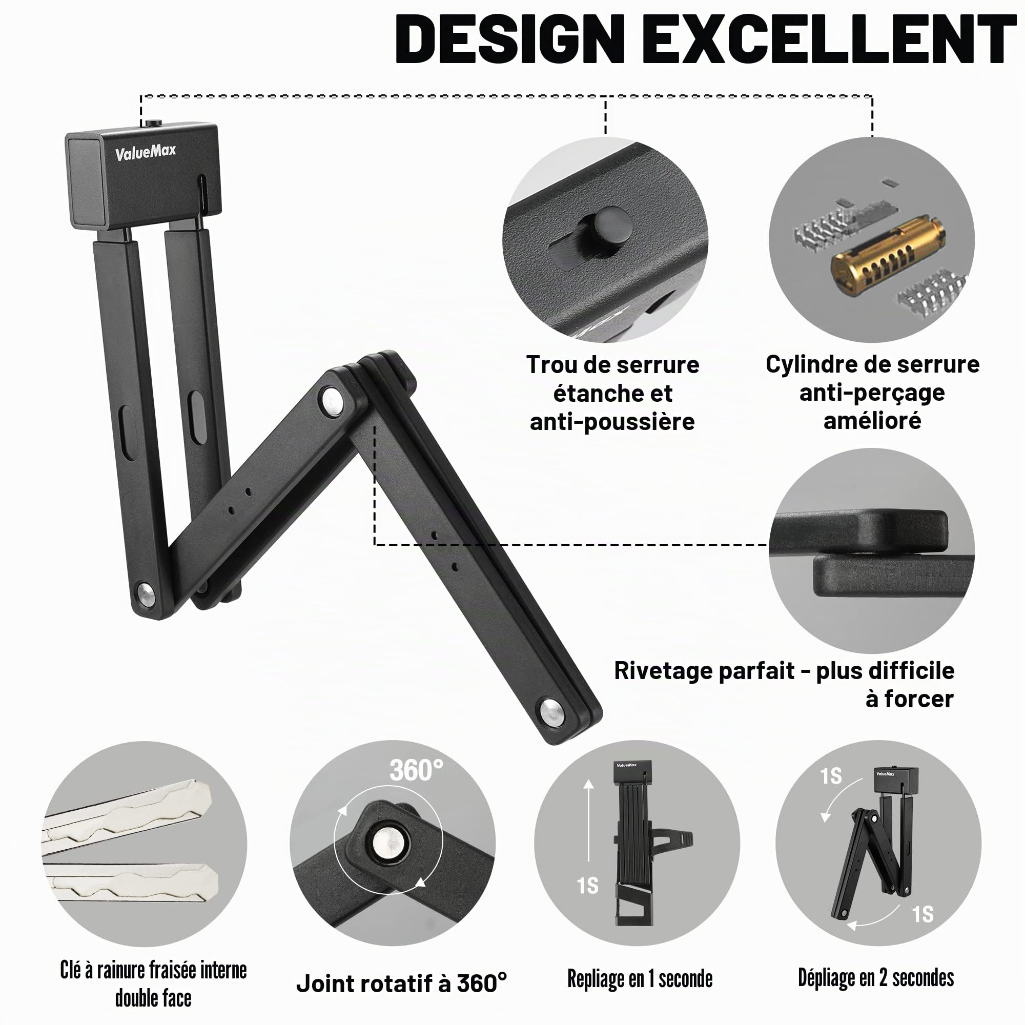ValueMax Antivol Vélo Pliant, Serrure de Vélo Pliant Robuste | Extra Long 100cm, 6 Branches avec 2 Clés et Support de Montage pour Vélo/Moto/Scooter/Porte Pliable