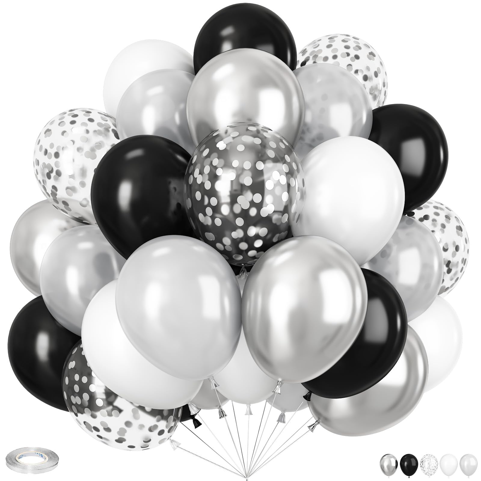 Black and Silver Balloon, 60pcs 12Inch Black and White Balloons,Metal Silver and Confetti Balloon for Birthday Graduation Wedding Engagement Baby