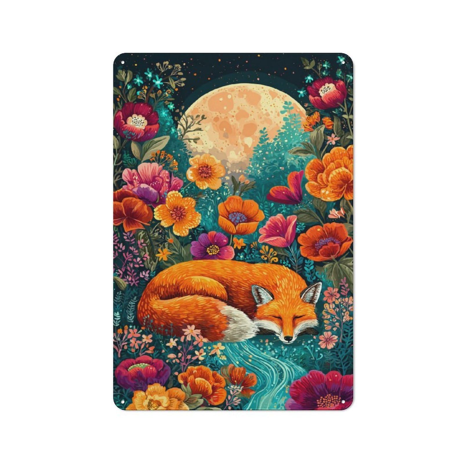Fox in A Dreamy Garden Old Style Metal Wall Decor 30x20cm, Decorative Tin Plaque for Cafe, Pub, Workshop Or Home Bar