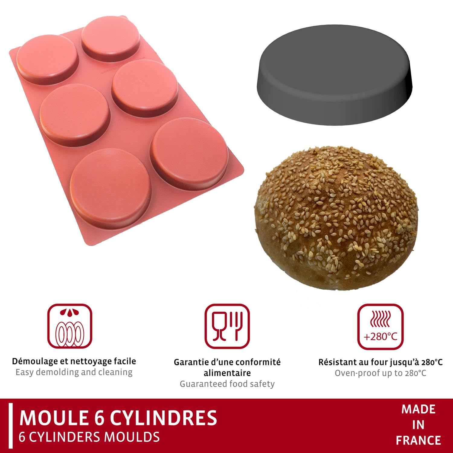 Maé Innovation - Molde de silicona de 40 x 30 cm, 6 cilindros (Ø10 x 2 cm por cavidad), antiadherente, fabricado en Francia