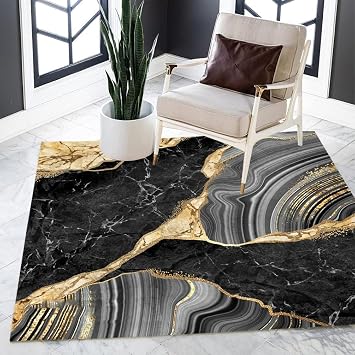 Modern Luxury Irregular Abstract Gold Black Square Area Rugs for Living Room Bedroom Art Deco Playroom Meeting Room Office Floor Carpet Soft Foldable Washable Rug Indoor No Slip Rugs Mat 8x8