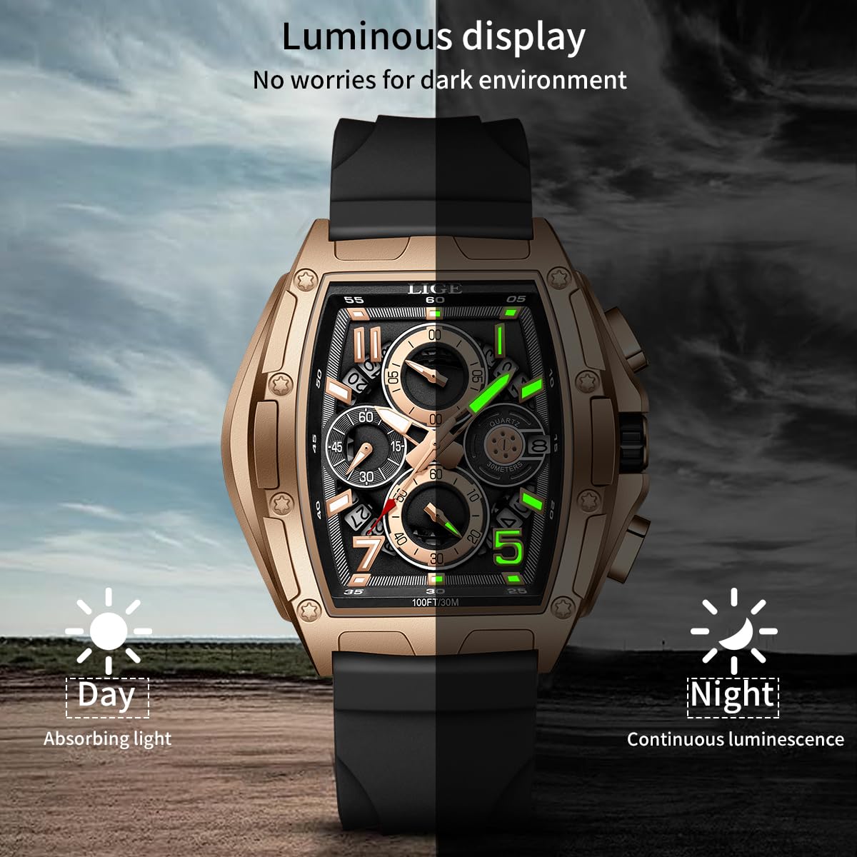 LIGE LG89110A watch showing luminous hands and markers in dark conditions.