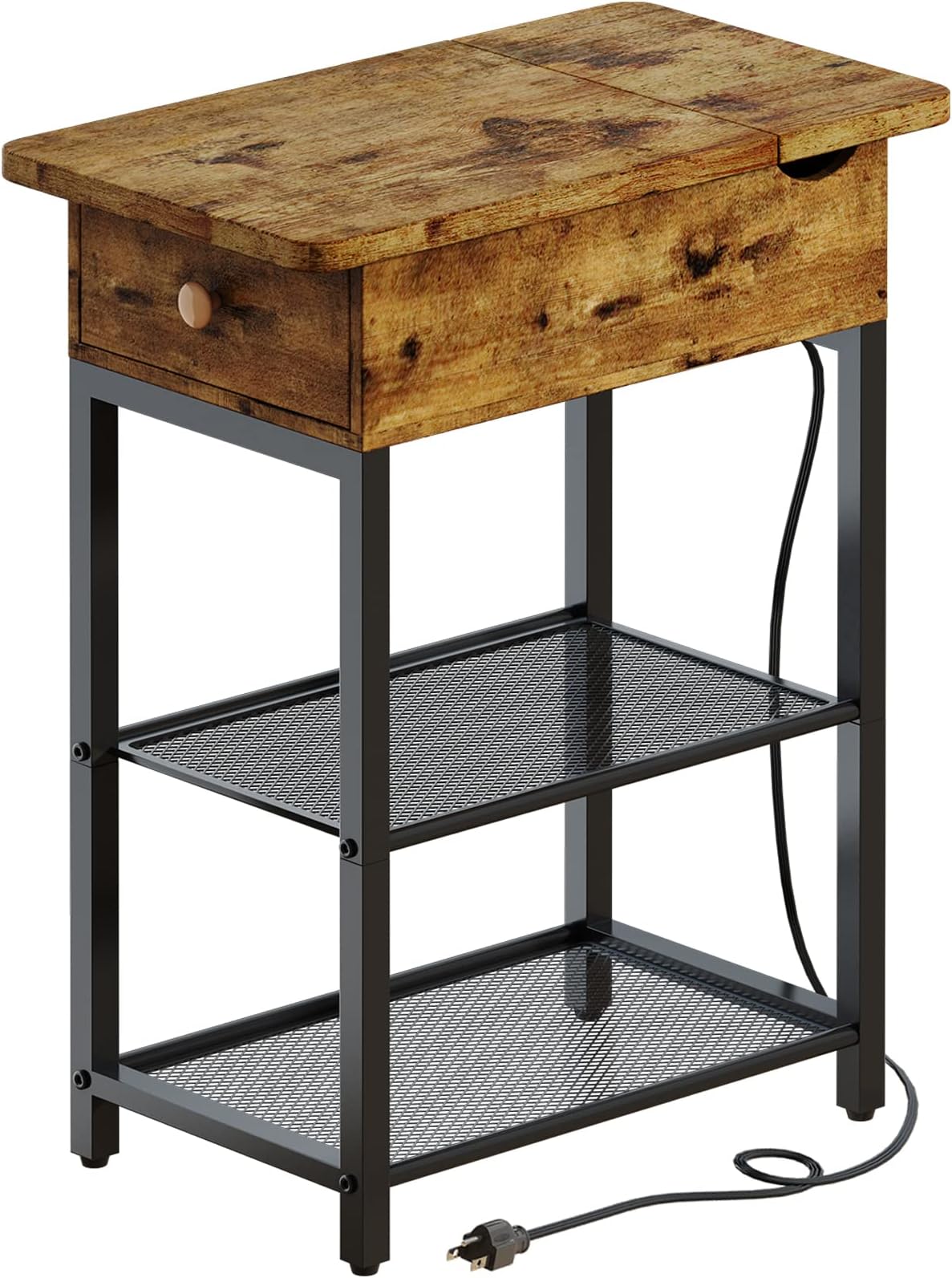QEEIG Small End Table with Charging Station Sofa USB Ports Power Outlets Farmhouse Narrow Nightstand, Rustic Brown